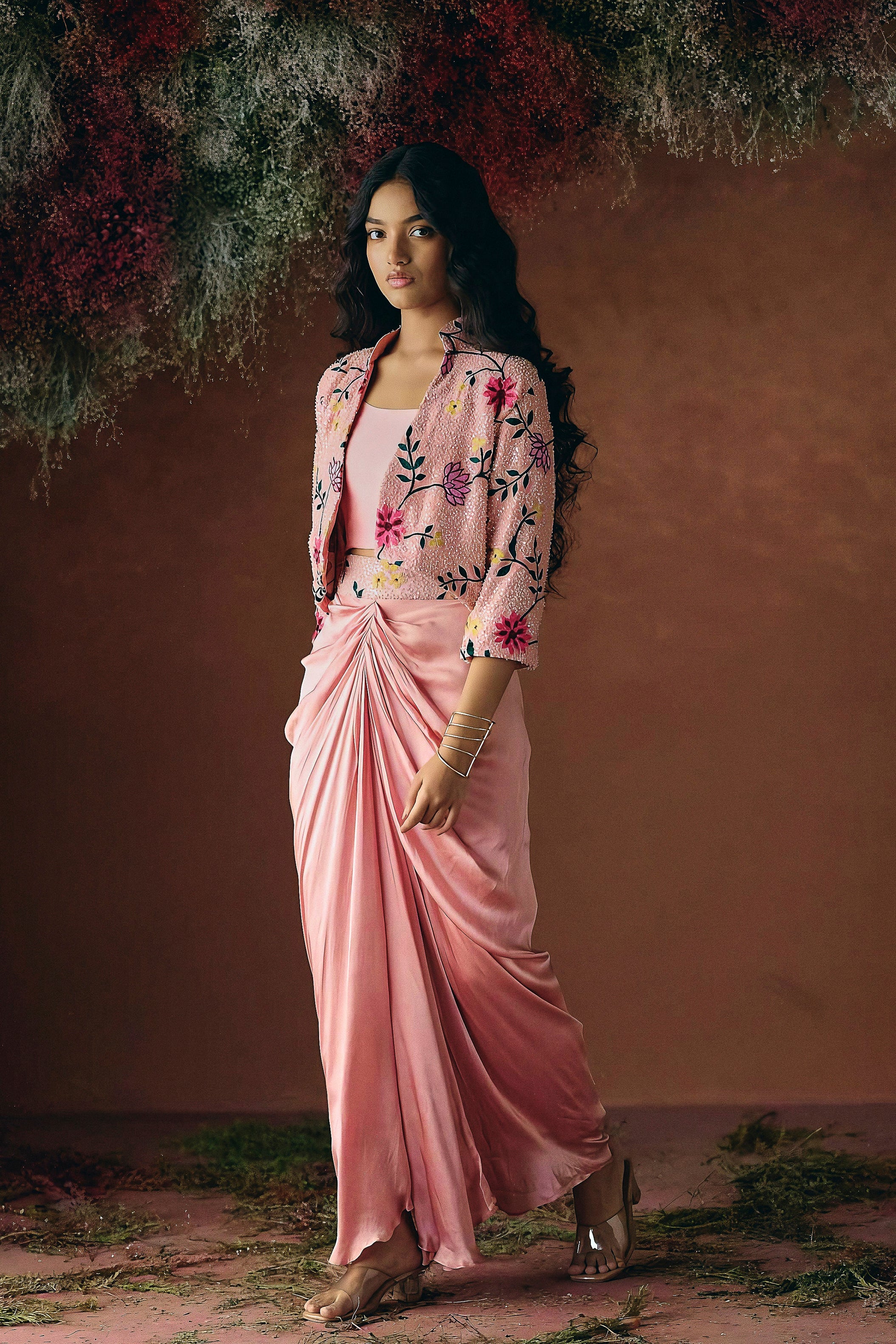 Dusty Rose Pink Embellished Satin Silk Skirt Set