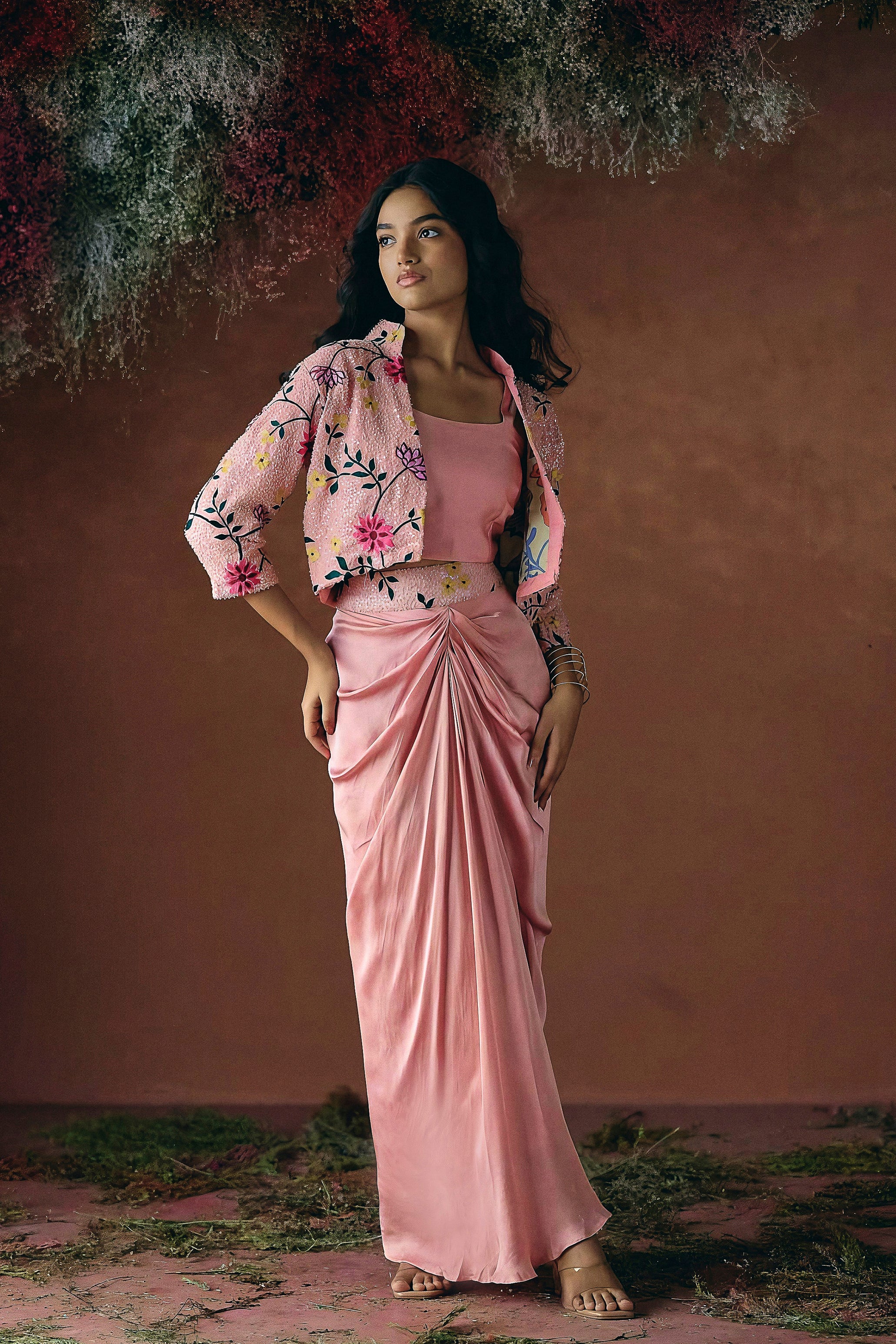 Dusty Rose Pink Embellished Satin Silk Skirt Set