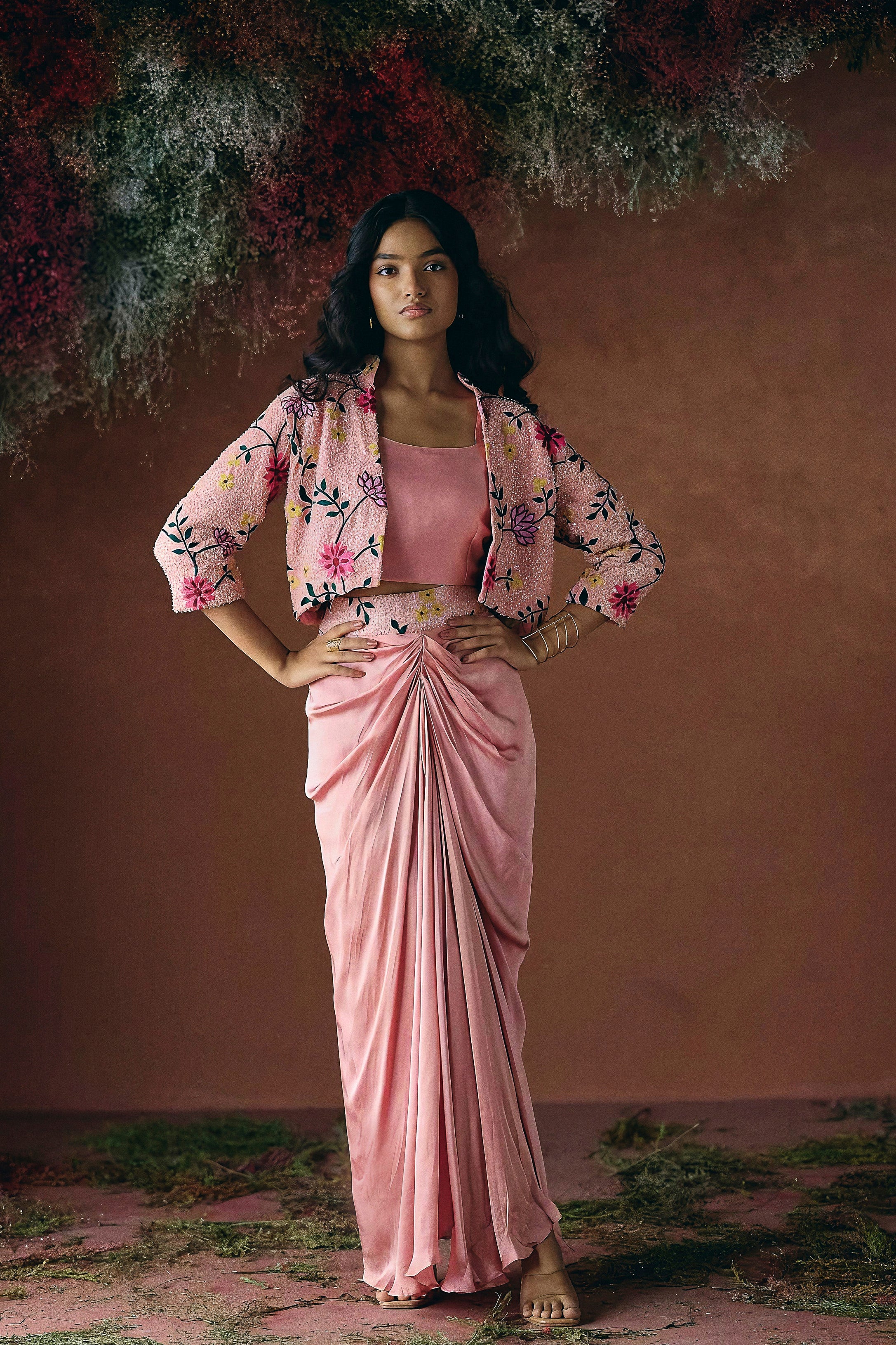 Dusty Rose Pink Embellished Satin Silk Skirt Set