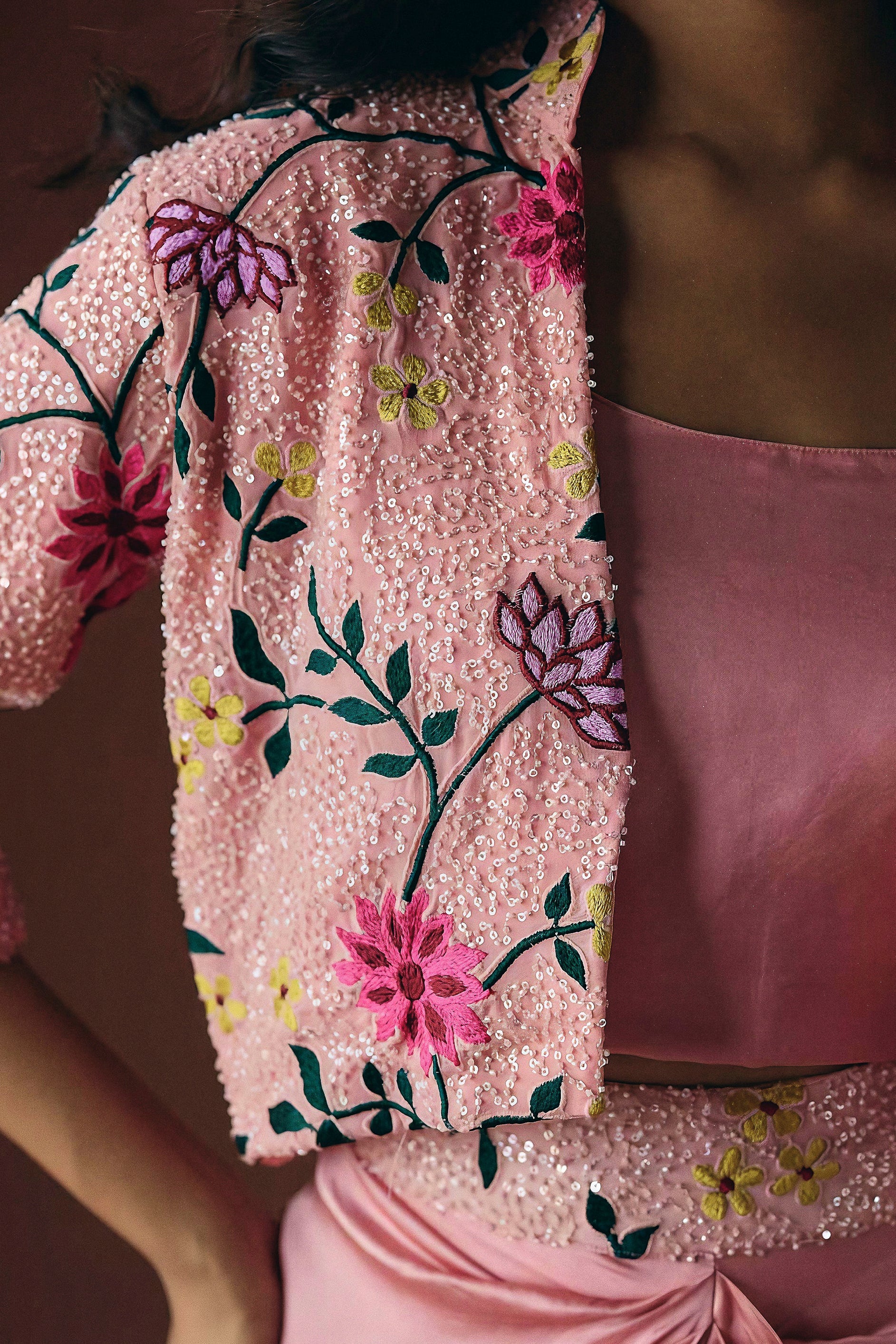 Dusty Rose Pink Embellished Satin Silk Skirt Set