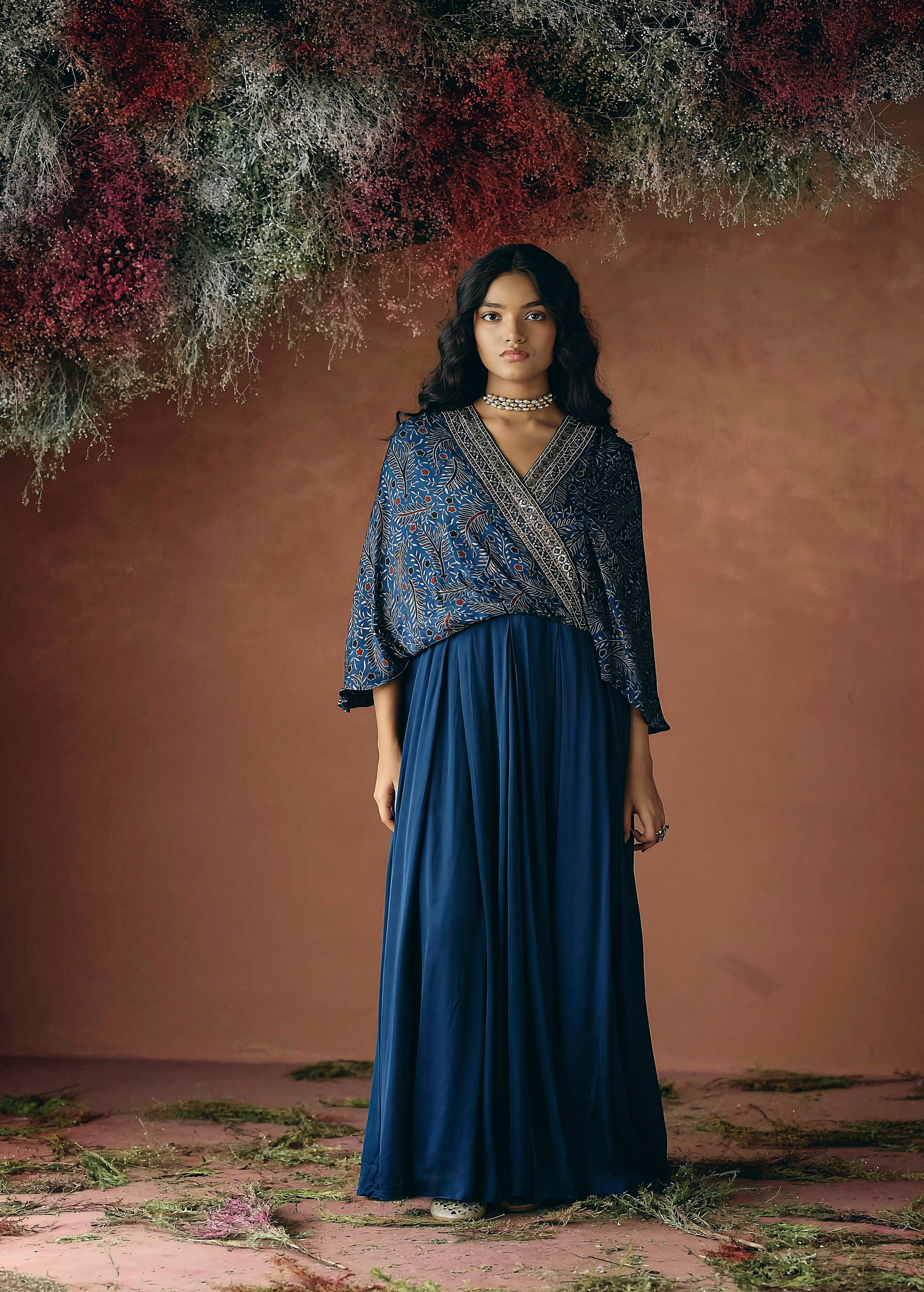 Ocean Blue Embellished Satin Silk Gown