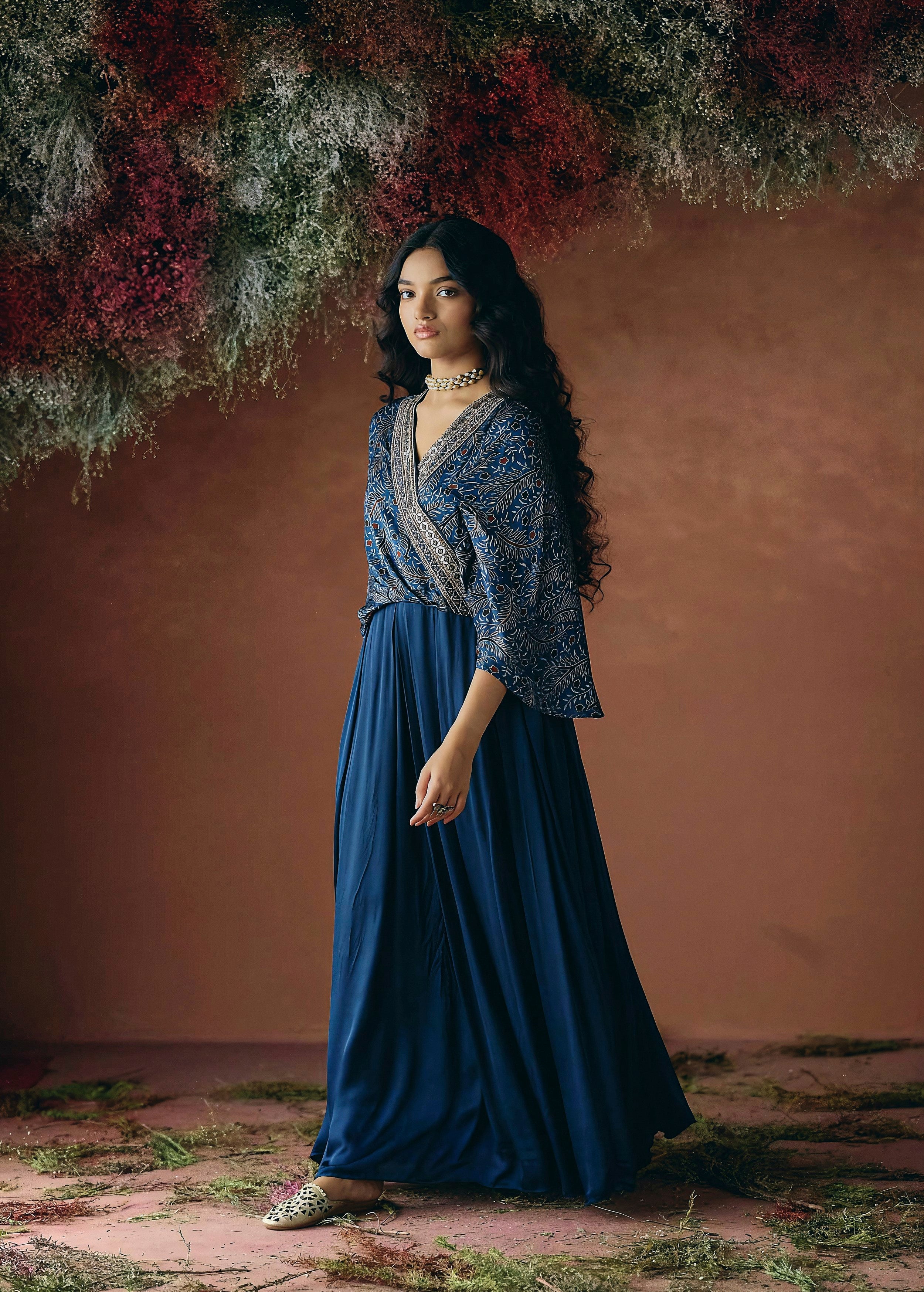 Ocean Blue Embellished Satin Silk Gown