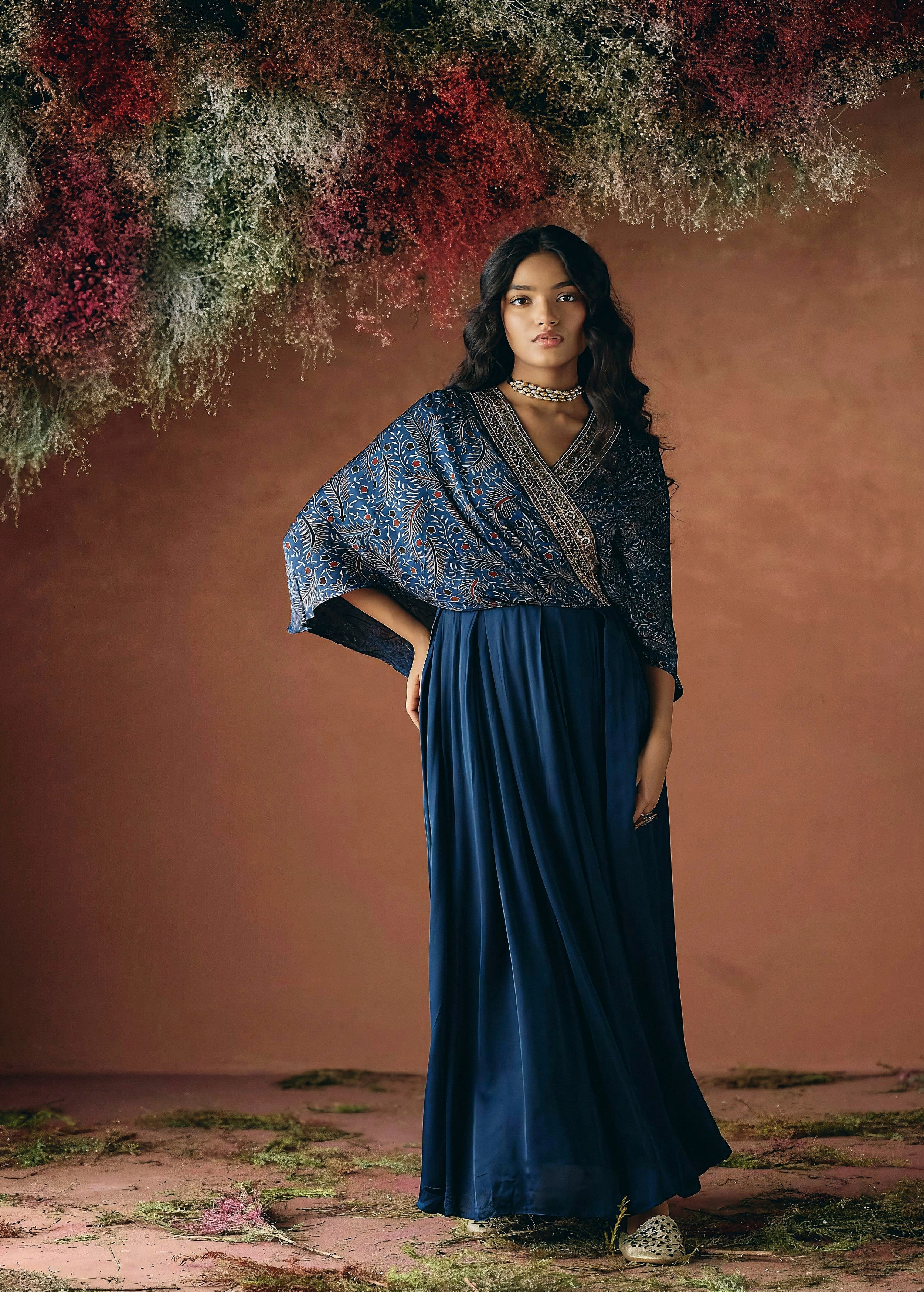 Ocean Blue Embellished Satin Silk Gown
