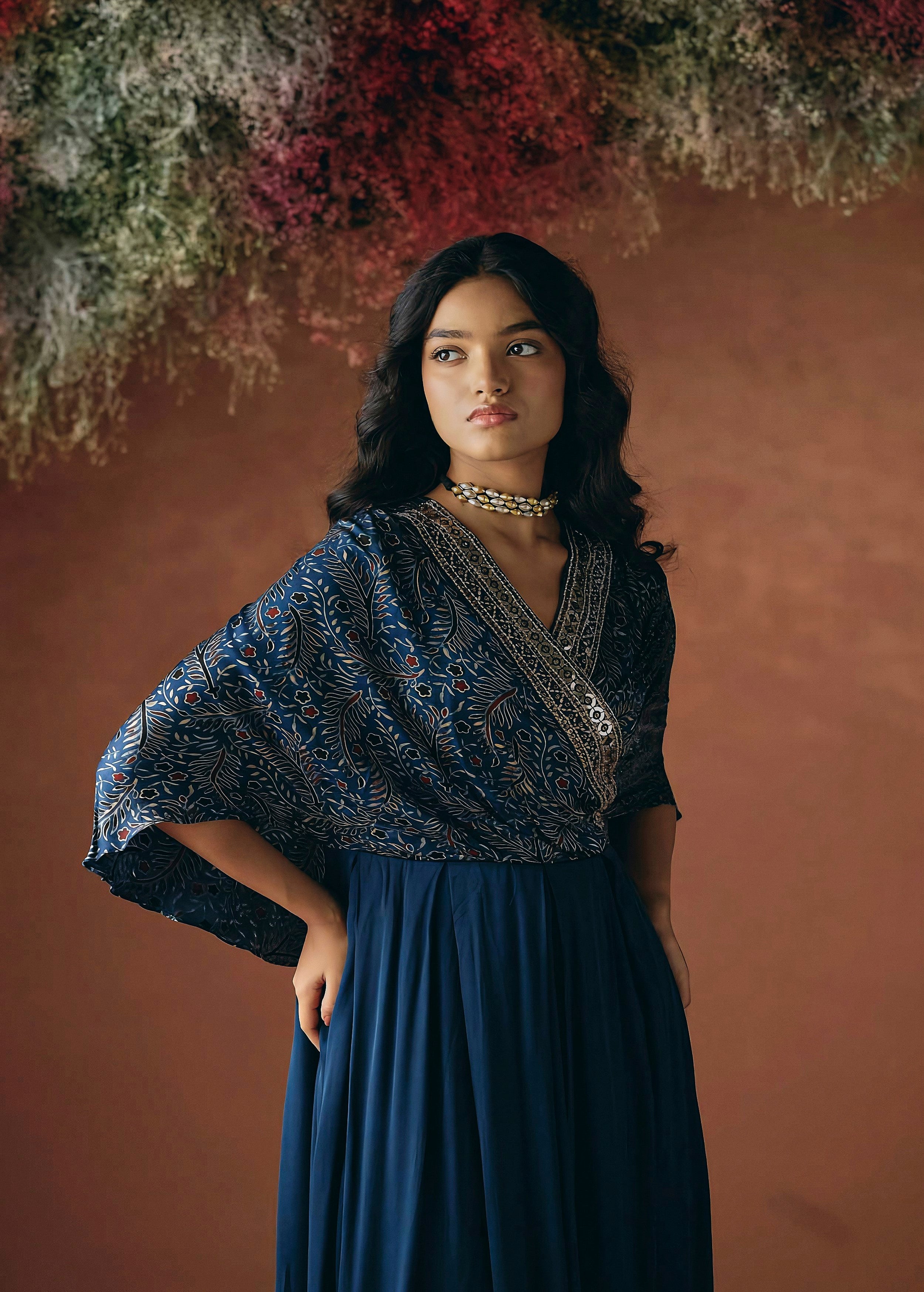 Ocean Blue Embellished Satin Silk Gown