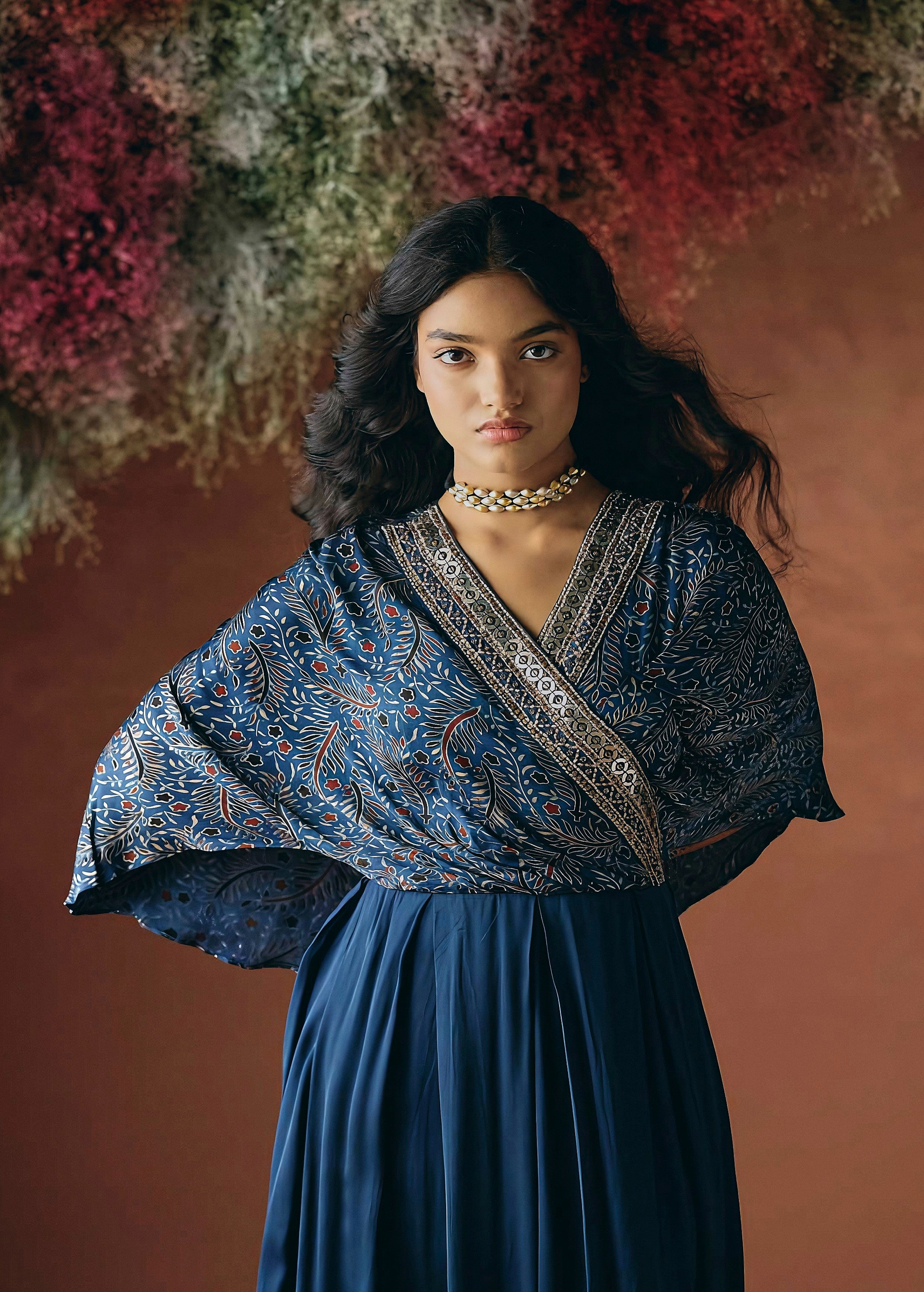 Ocean Blue Embellished Satin Silk Gown