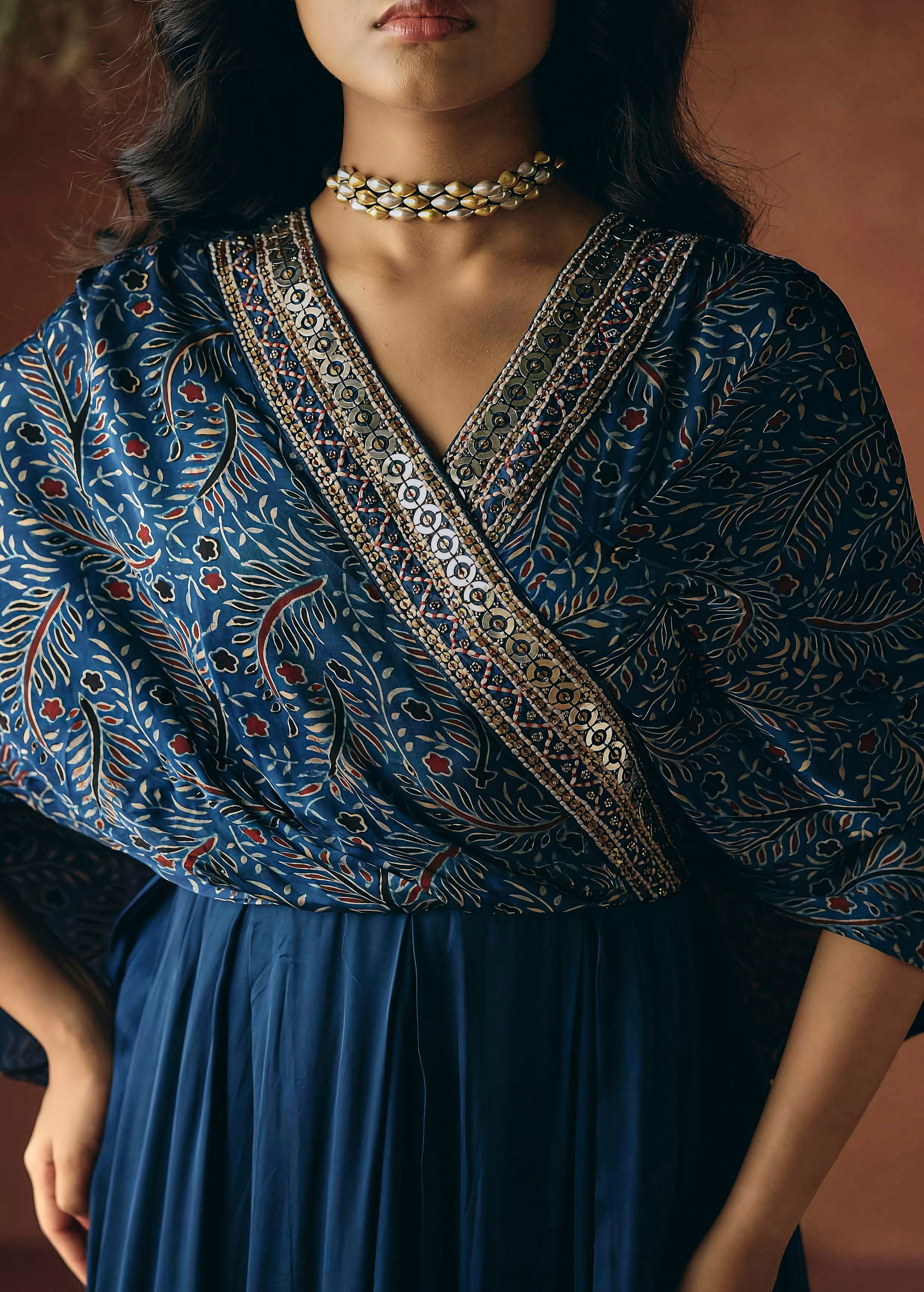 Ocean Blue Embellished Satin Silk Gown