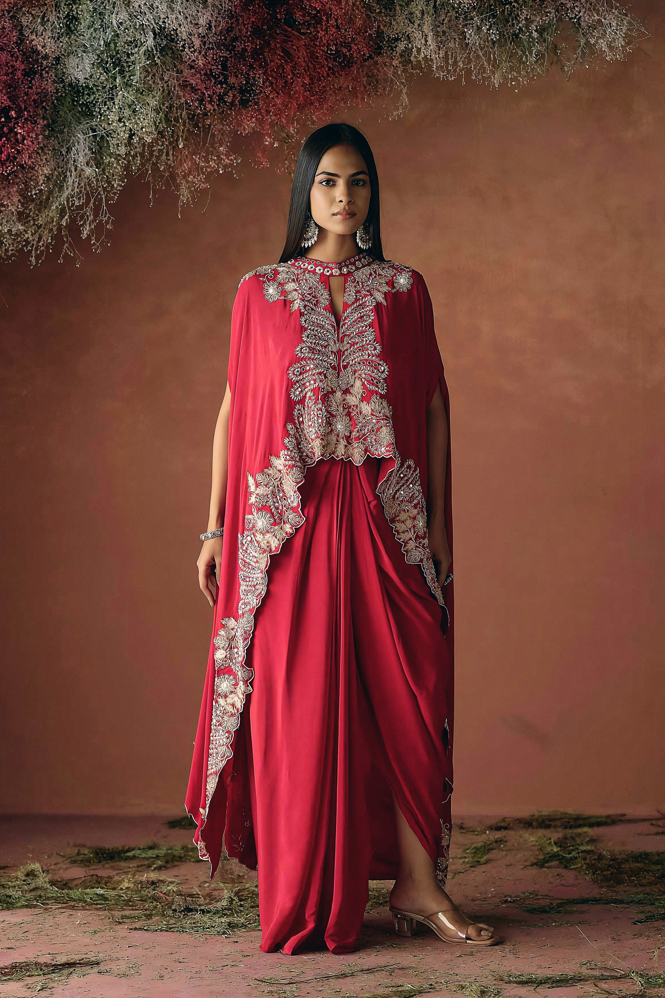 Ruby Red Embellished Premium Silk Skirt Set