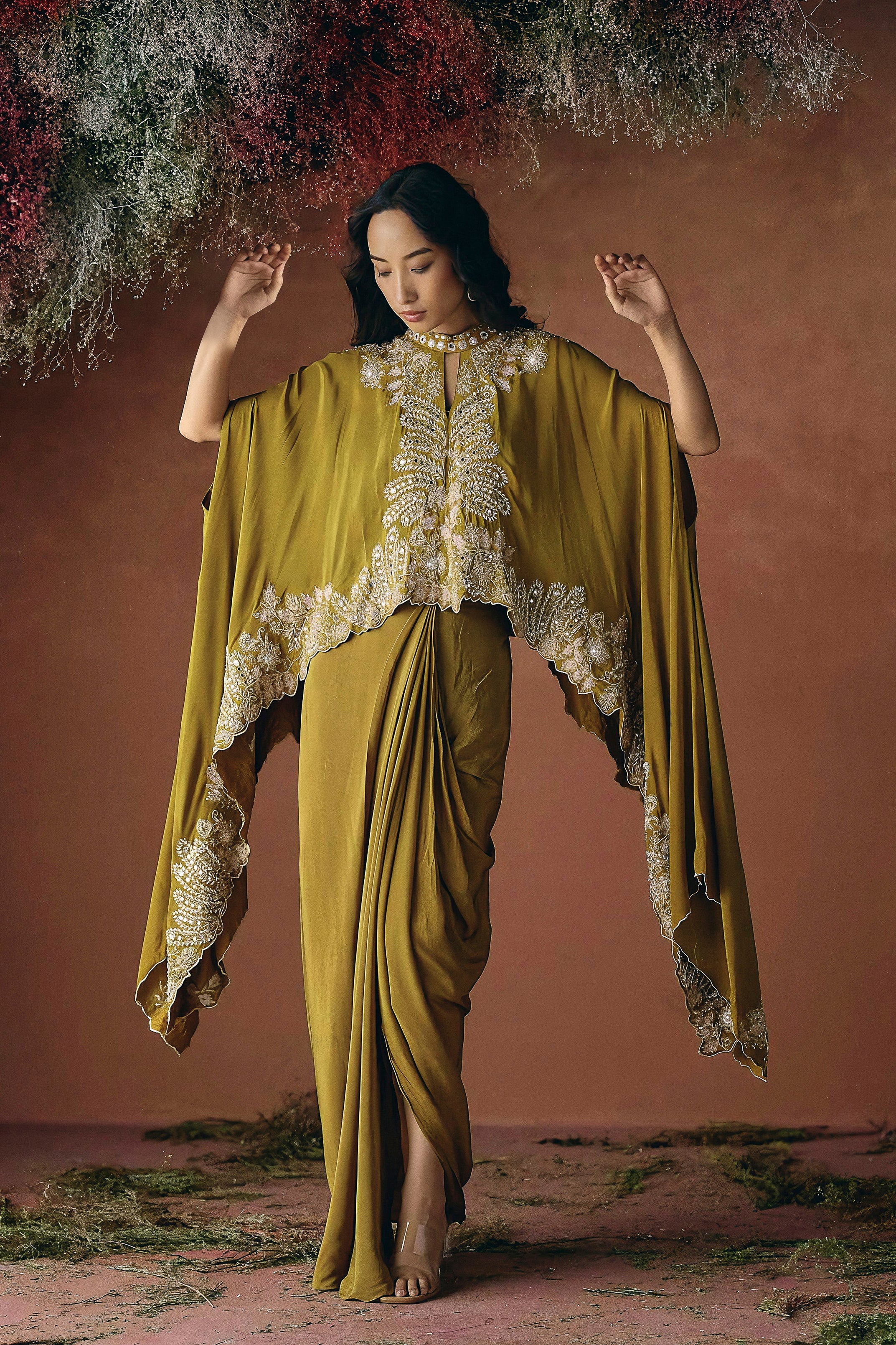 Mustard Embellished Premium Silk Skirt Set