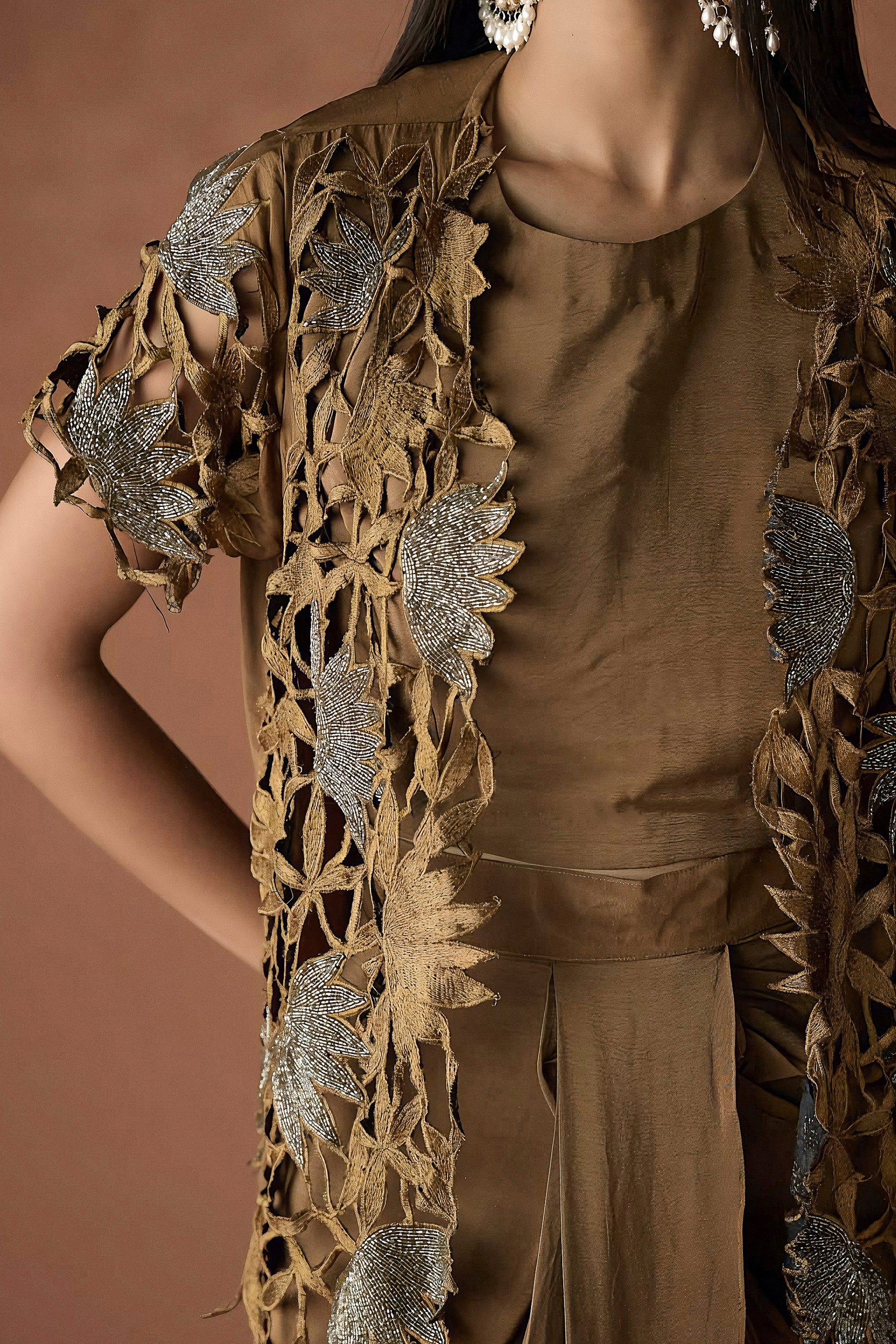 Mocha Brown Embellished Premium Silk Skirt Set
