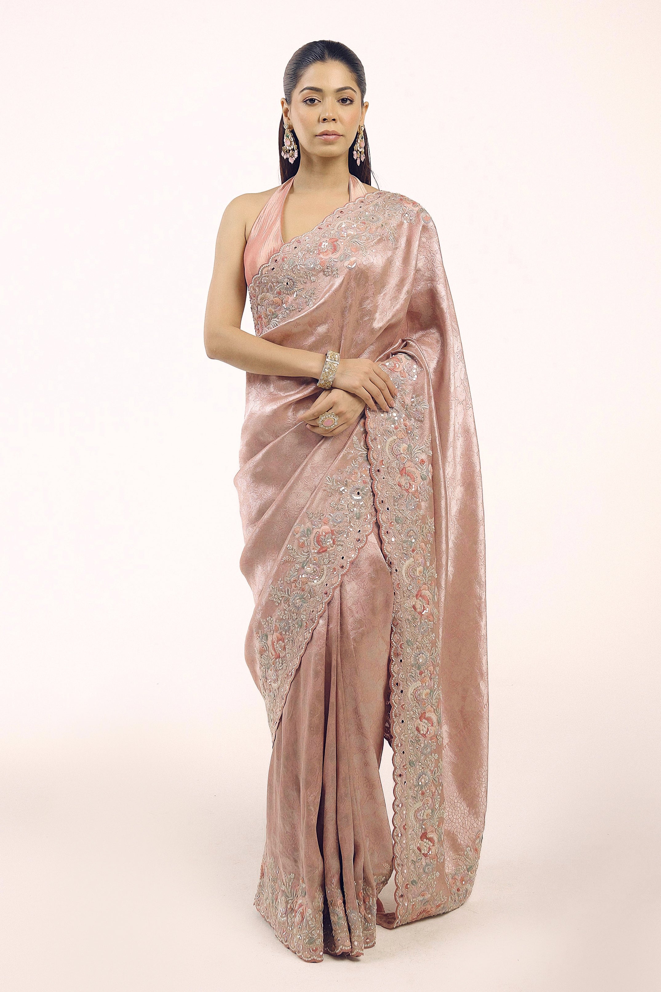 Dusty Rose Embellished Brocade Silk Saree
