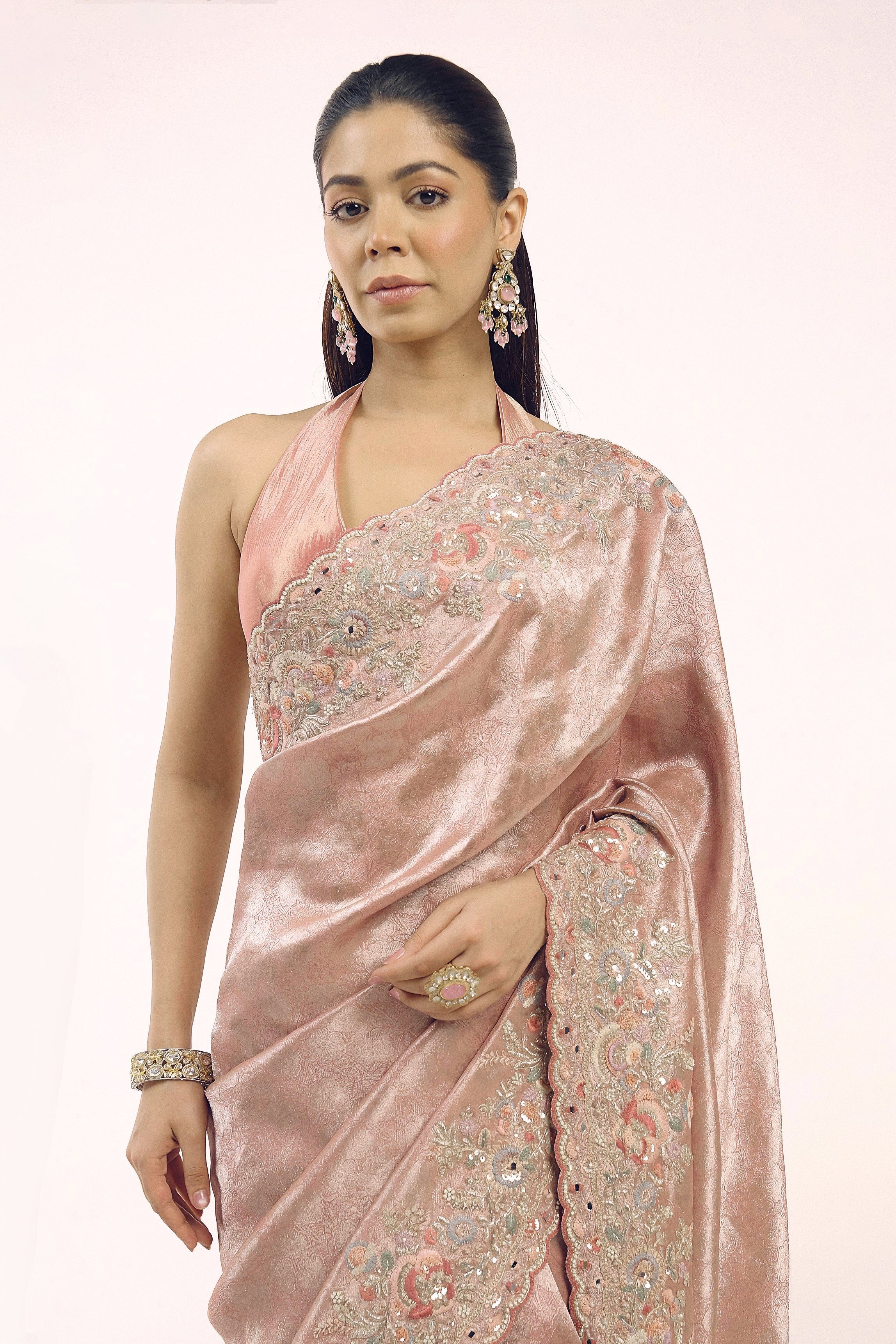 Dusty Rose Embellished Brocade Silk Saree