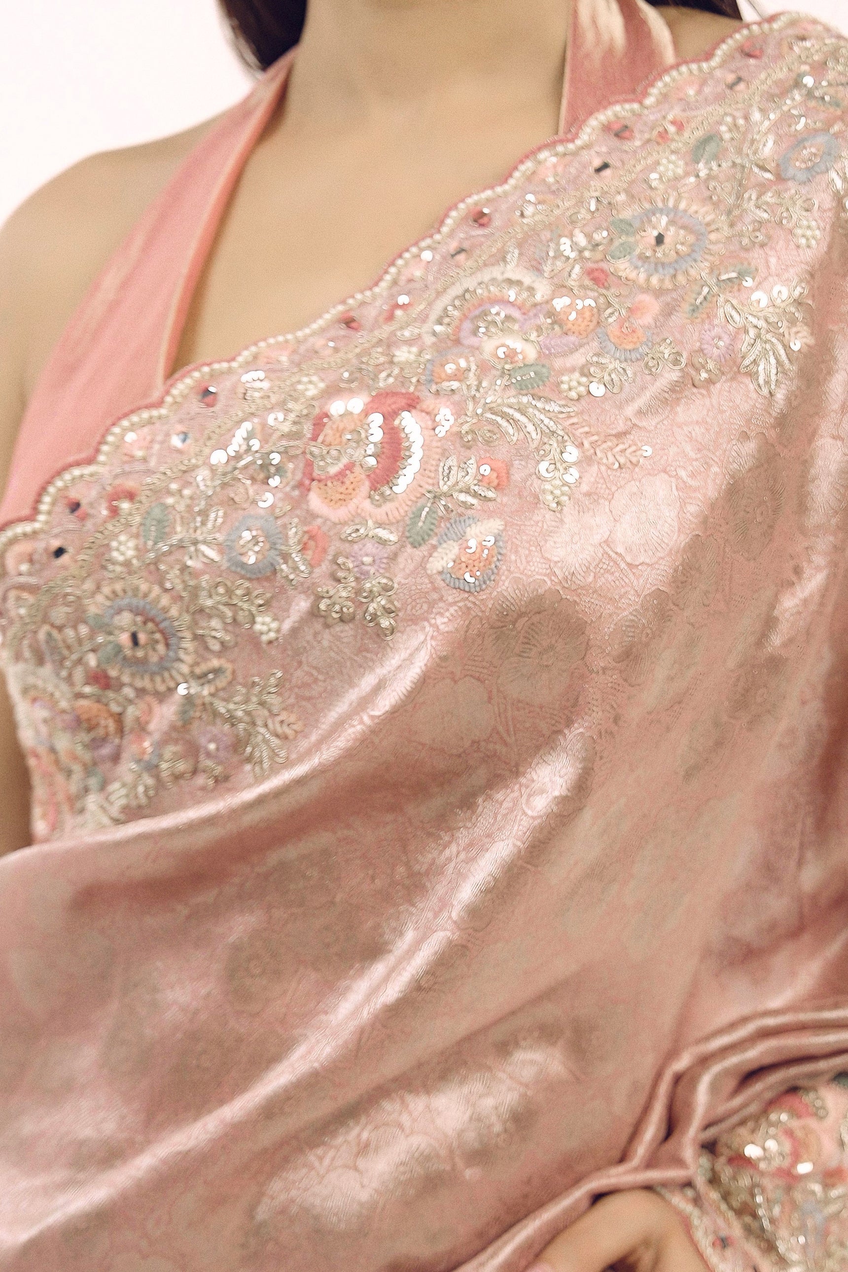 Dusty Rose Embellished Brocade Silk Saree