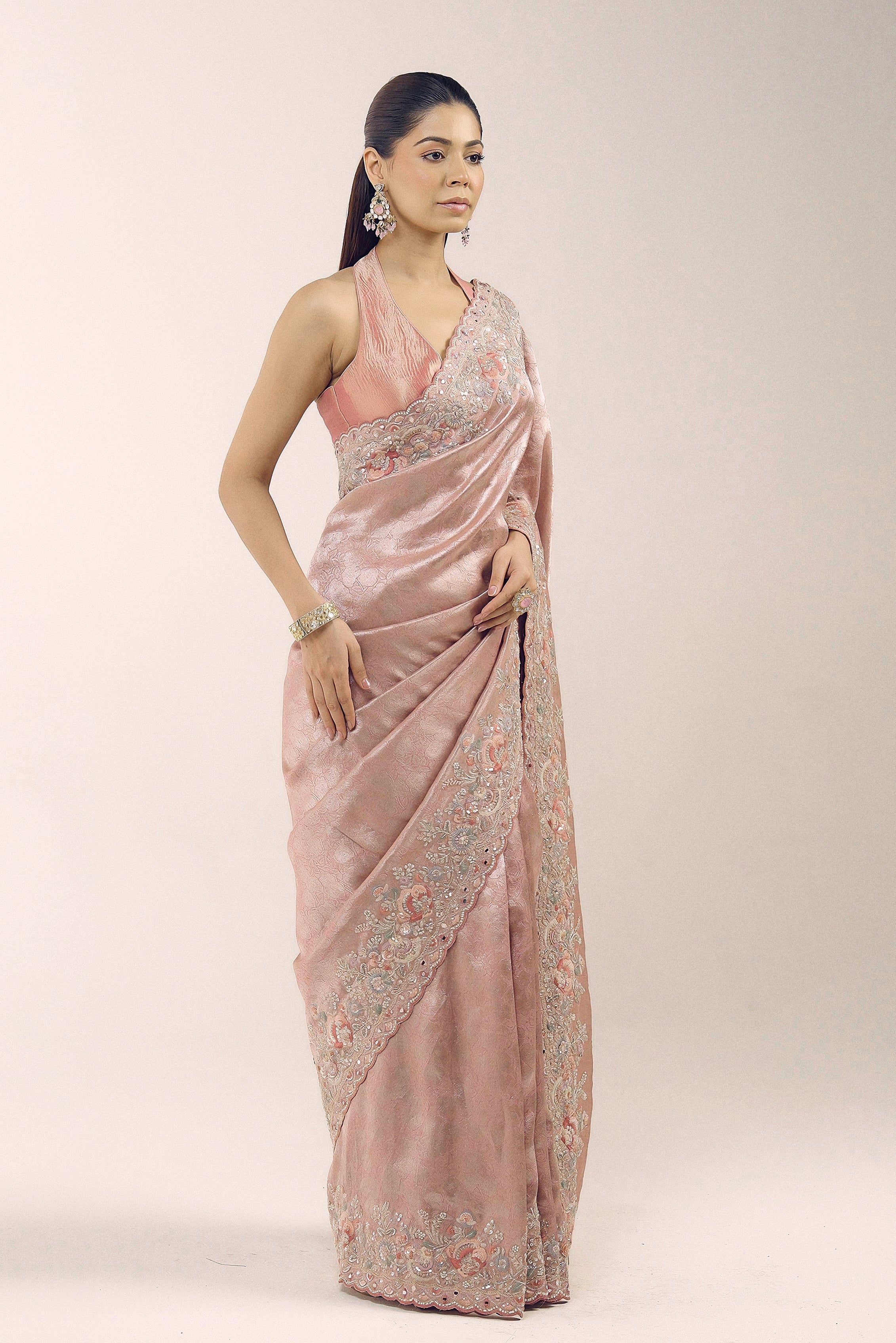 Dusty Rose Embellished Brocade Silk Saree