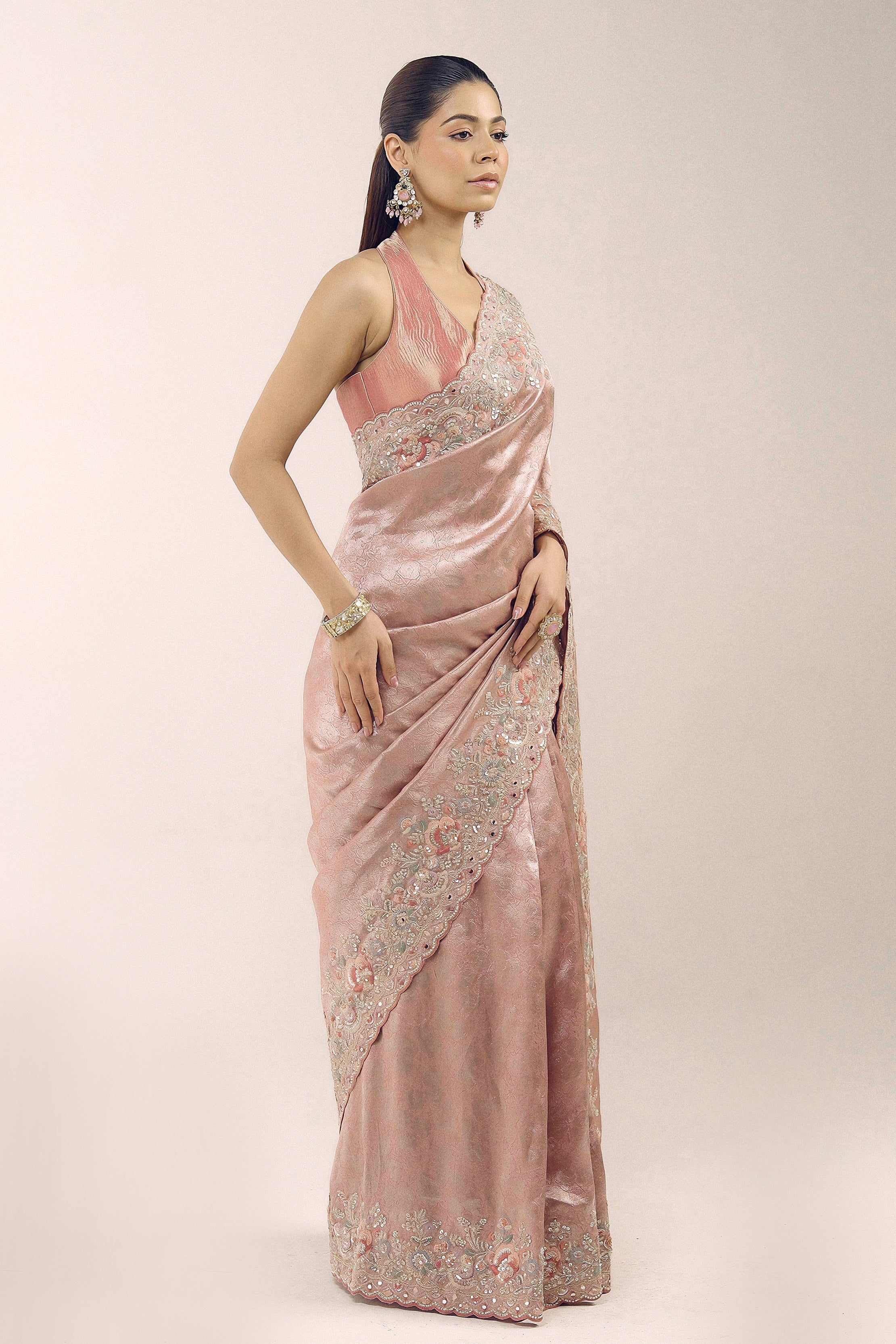 Dusty Rose Embellished Brocade Silk Saree