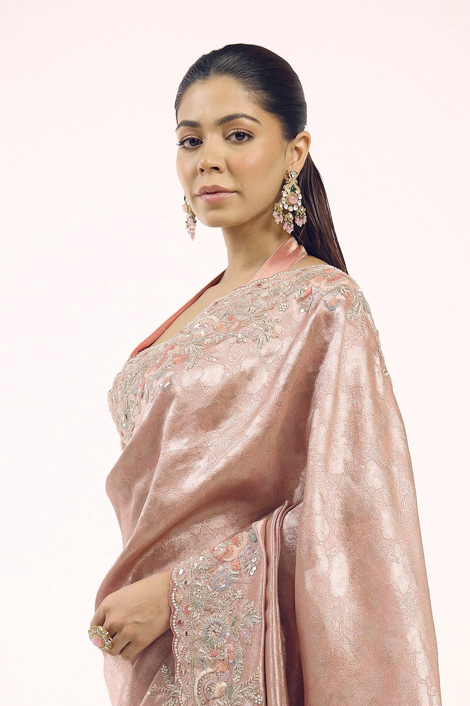 Dusty Rose Embellished Brocade Silk Saree