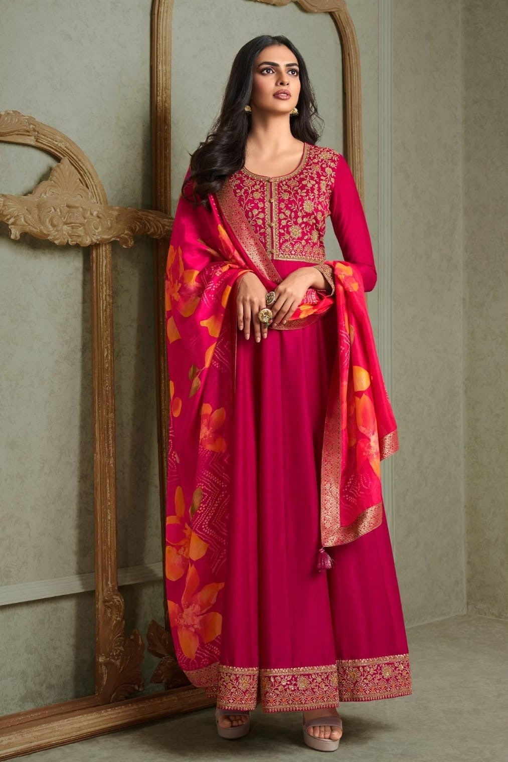 Pink Embellished Italian Silk Anarkali Set