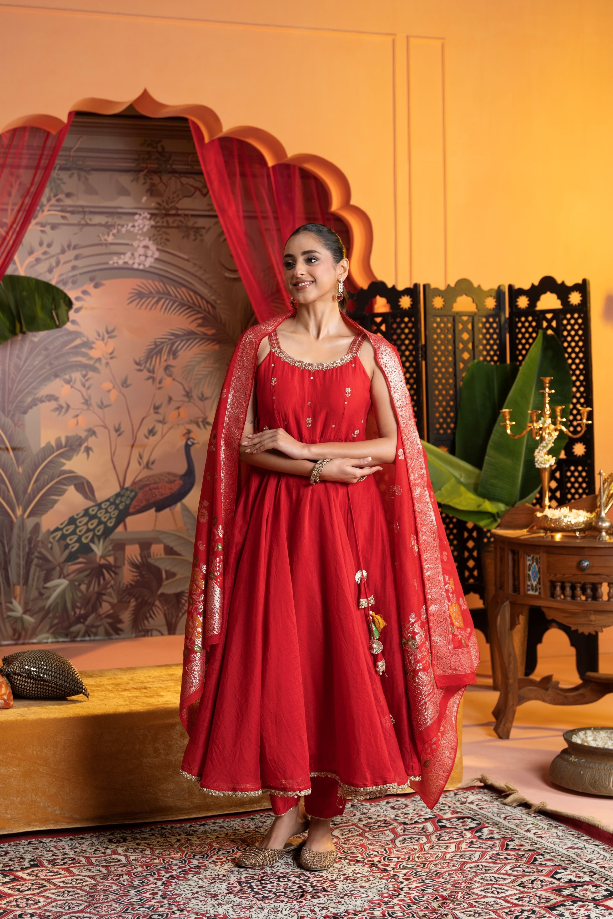 Bright Red Embellished Crepe Silk Anarkali Set