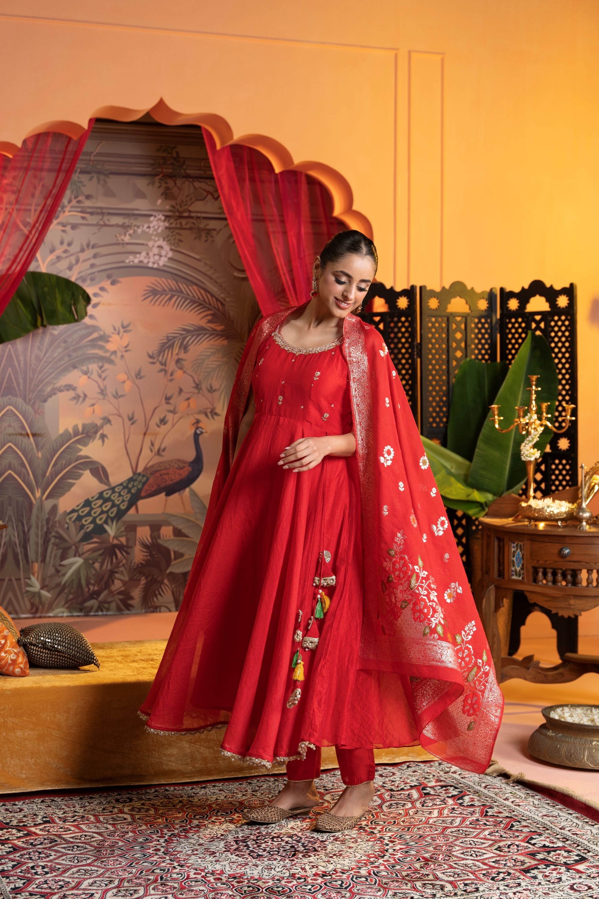 Bright Red Embellished Crepe Silk Anarkali Set