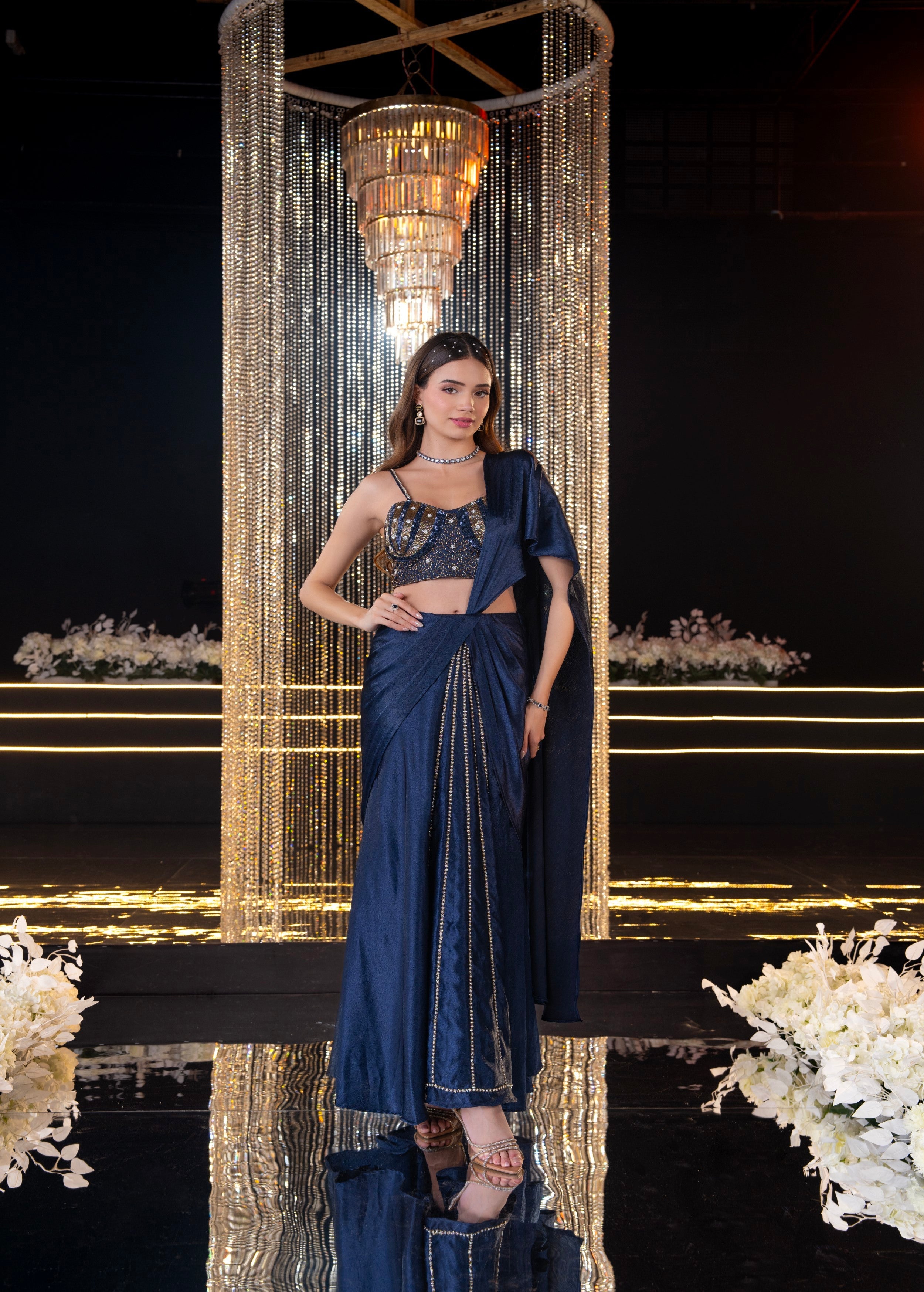 Midnight Embellished Imported Satin Silk Skirt Set