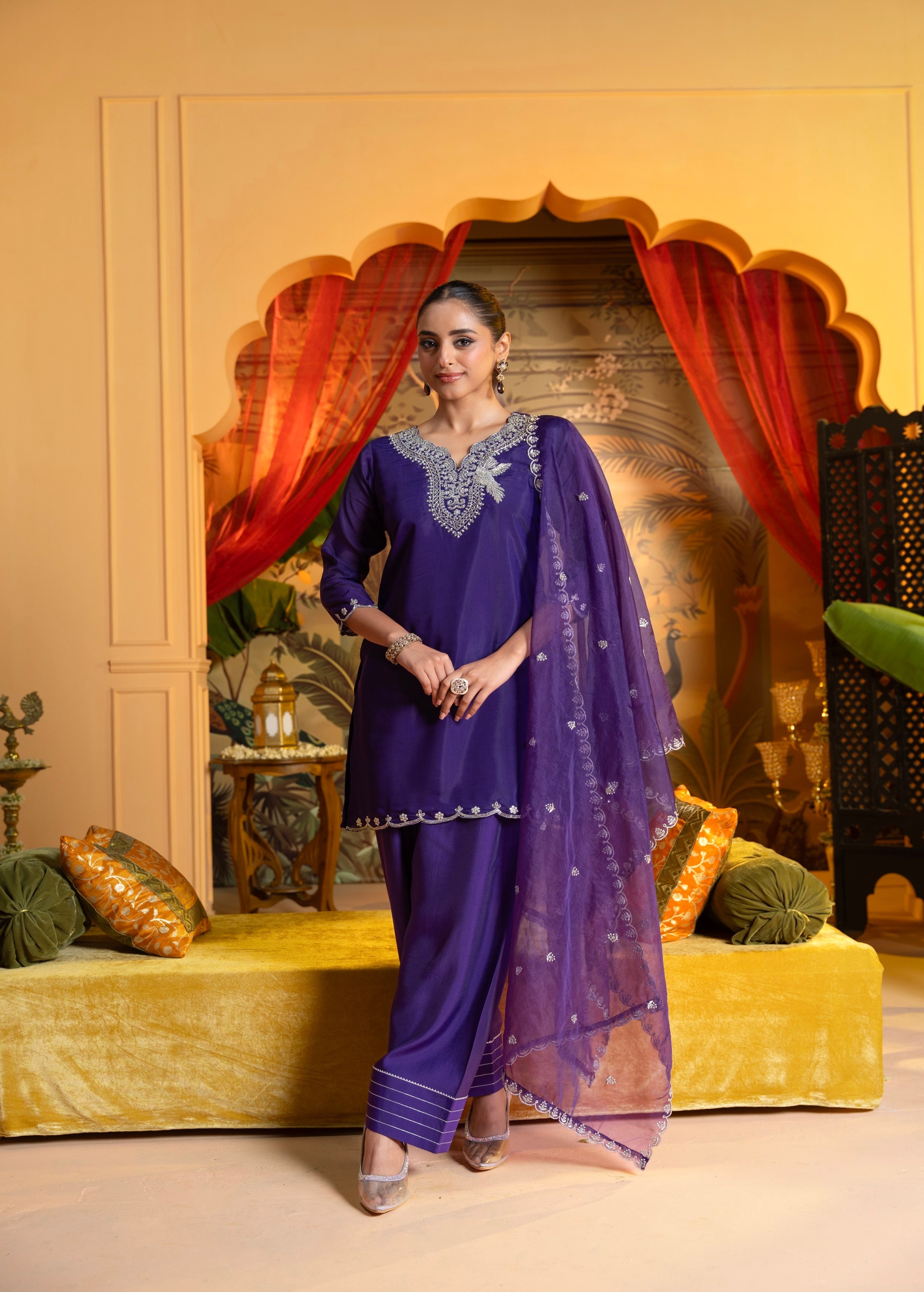 Vivid Violet Embellished Crepe Silk Pant Set