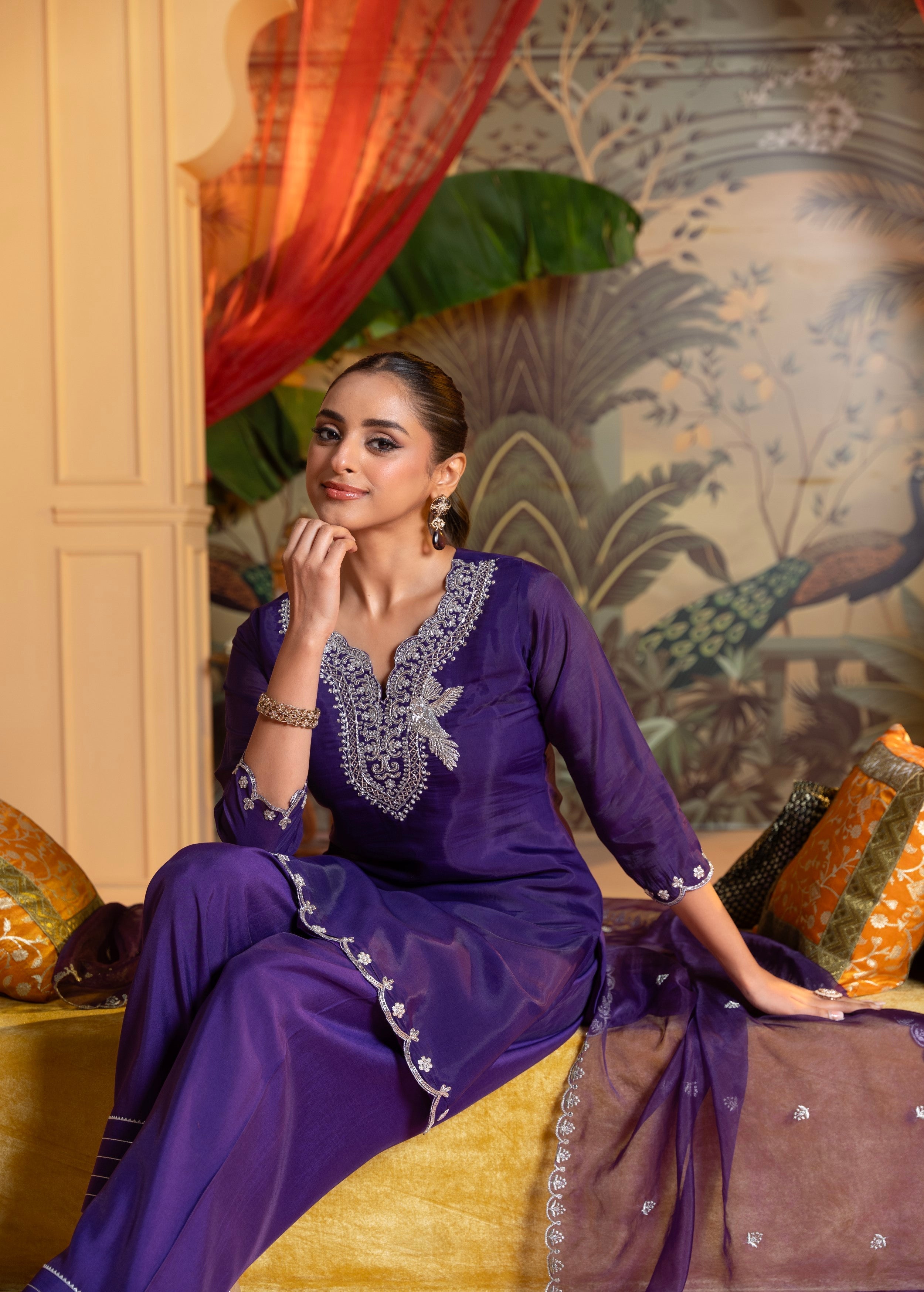Vivid Violet Embellished Crepe Silk Pant Set