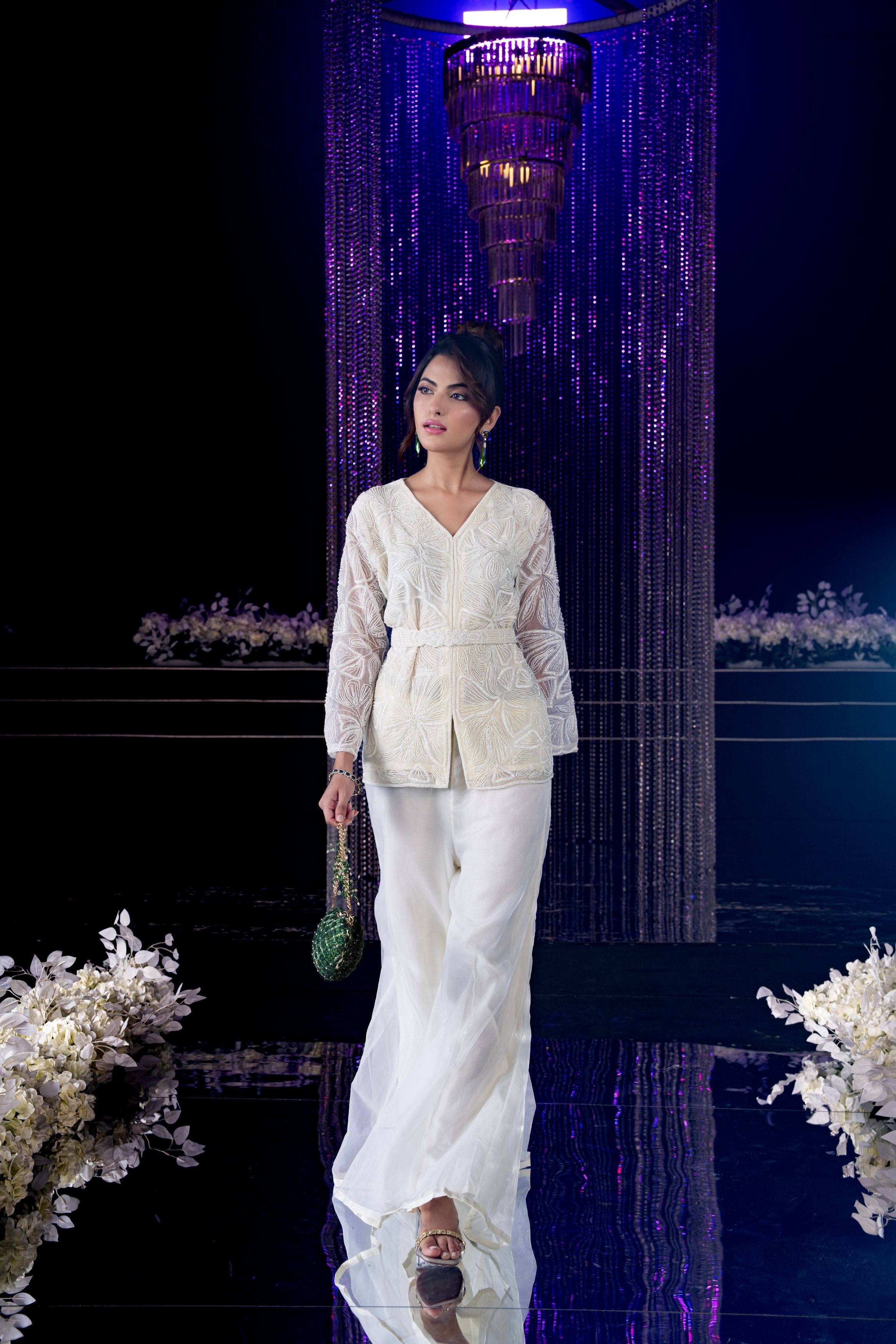 Pearl White Embellished Organza Silk Sharara Set