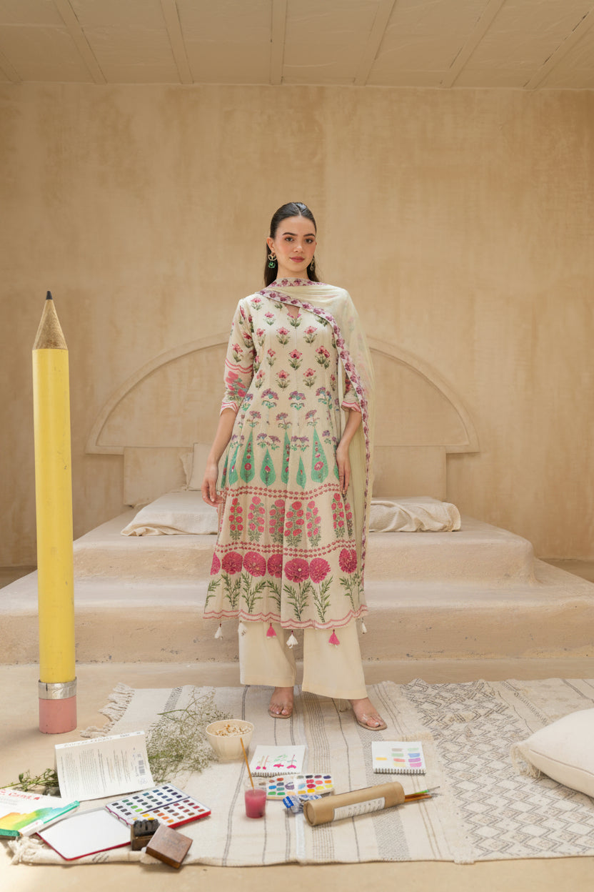 Ivory Gardenia Embellished Crepe Silk Anarkali Set