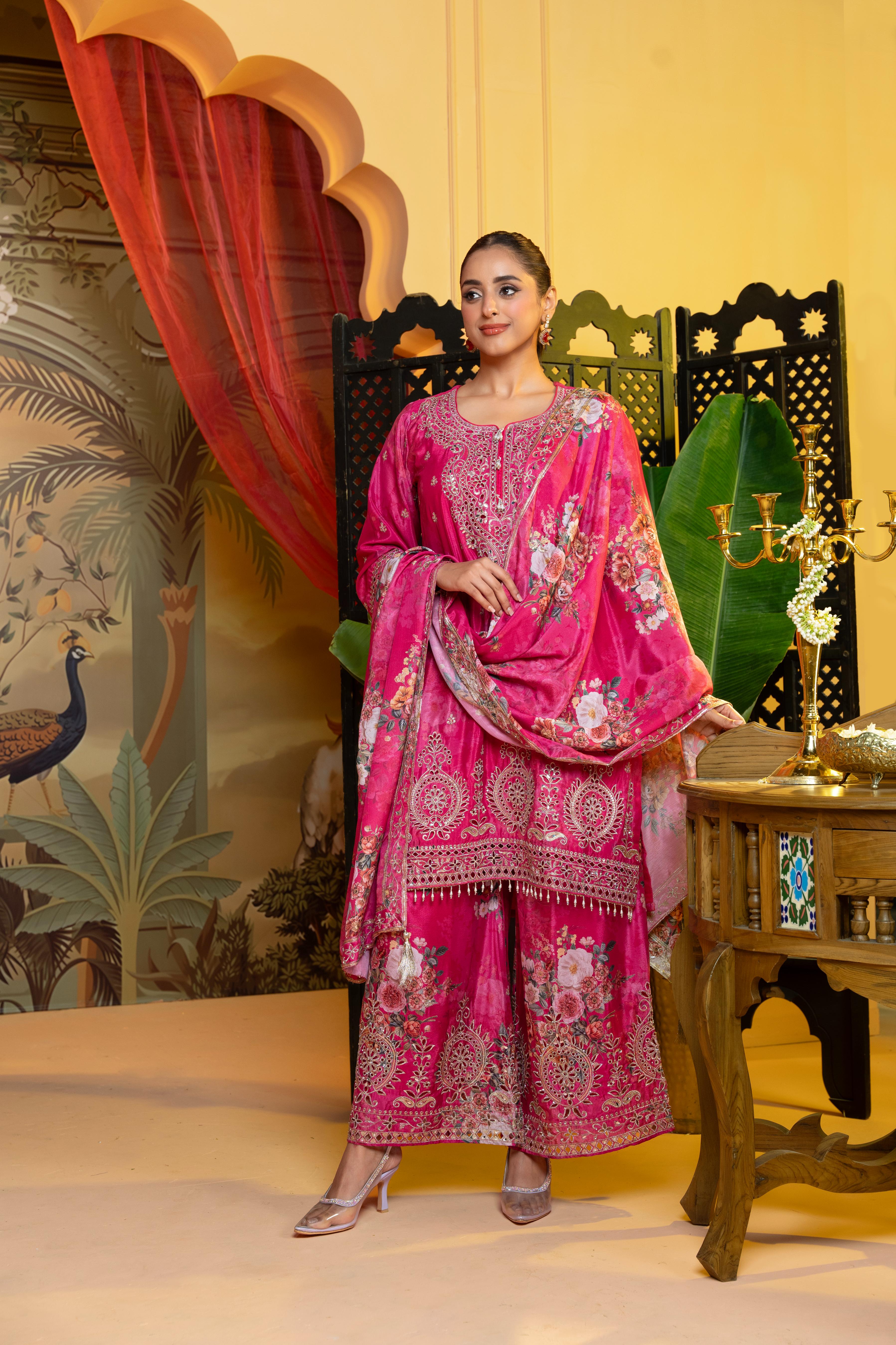 Royal Pink Embellished Crepe Silk Palazzo Set