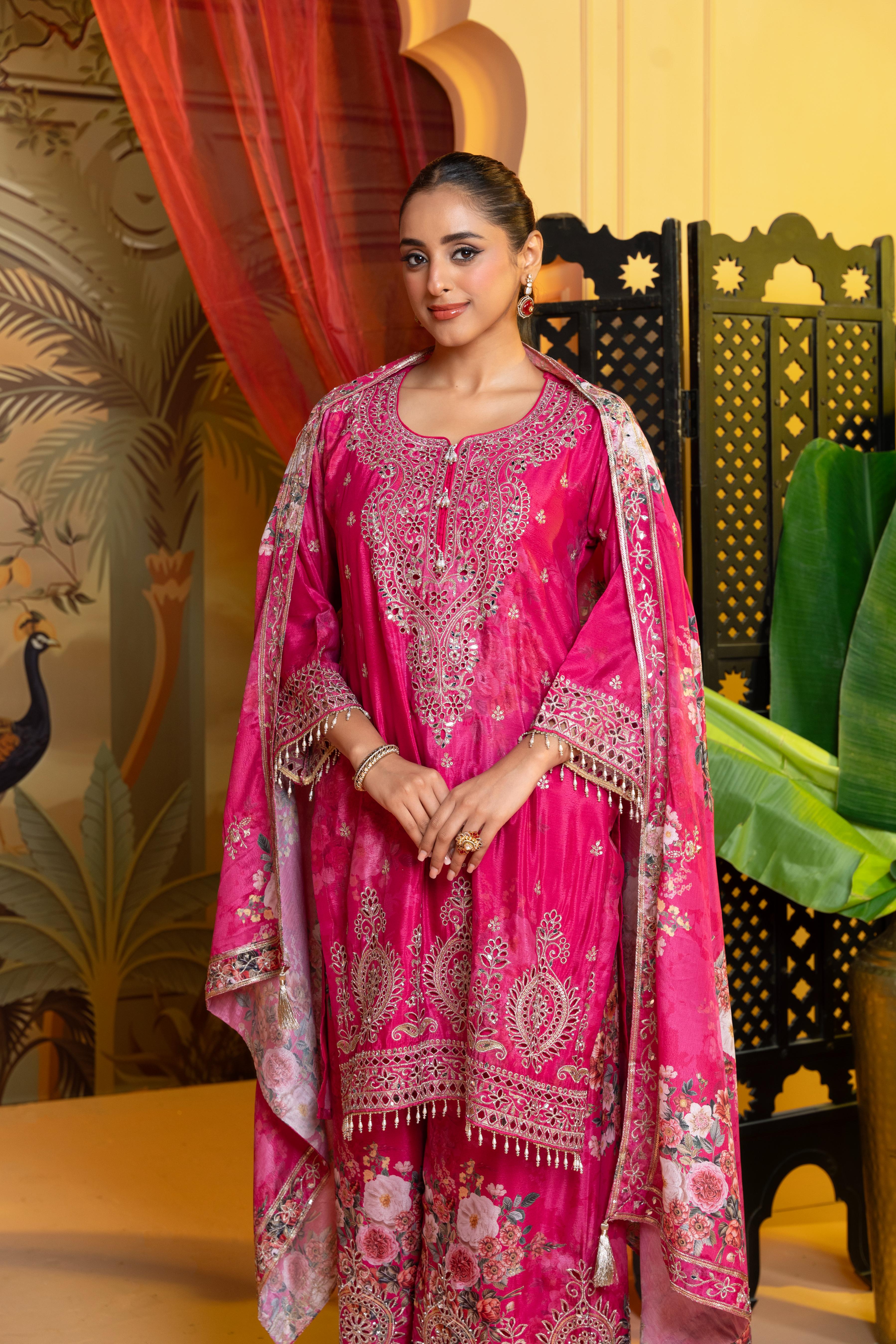 Royal Pink Embellished Crepe Silk Palazzo Set