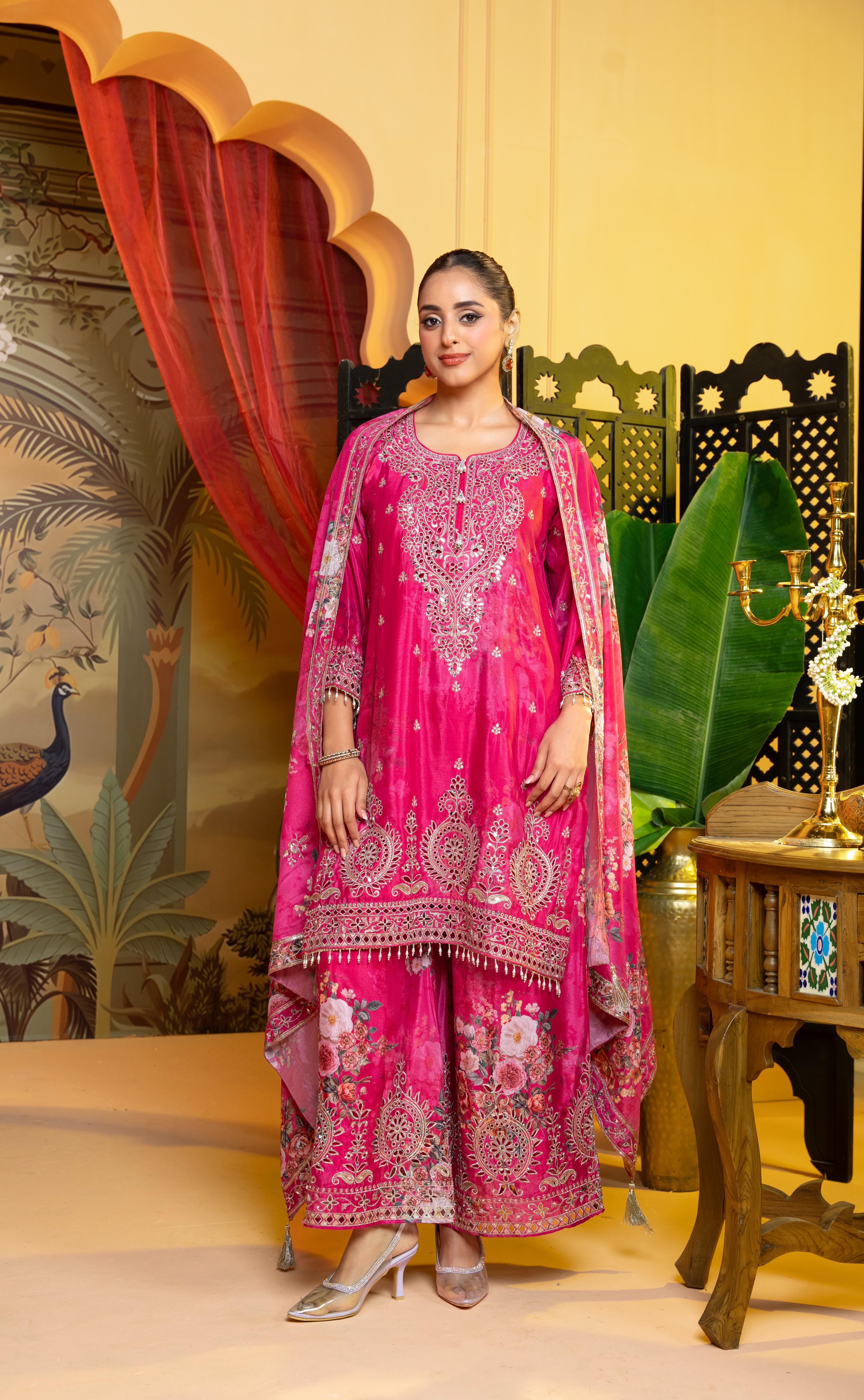 Royal Pink Embellished Crepe Silk Palazzo Set