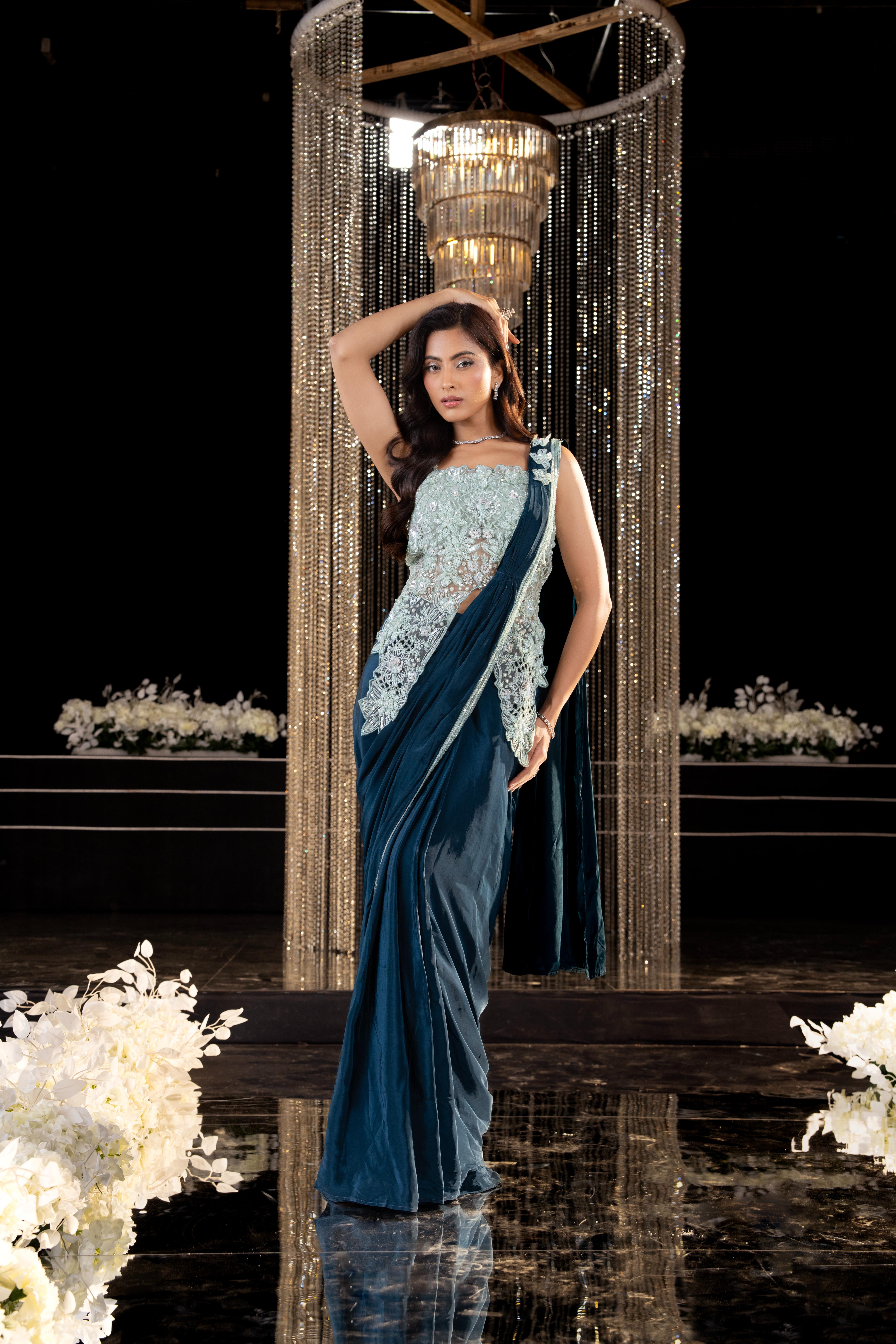 Navy Teal Embellished Crepe Silk Draped Saree