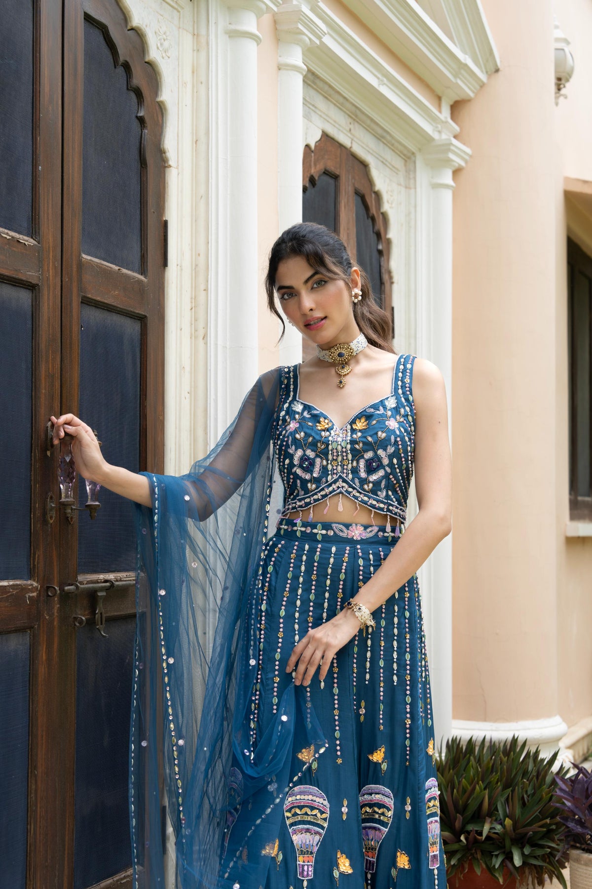 Peacock Blue Embellished Crepe Silk Skirt Set
