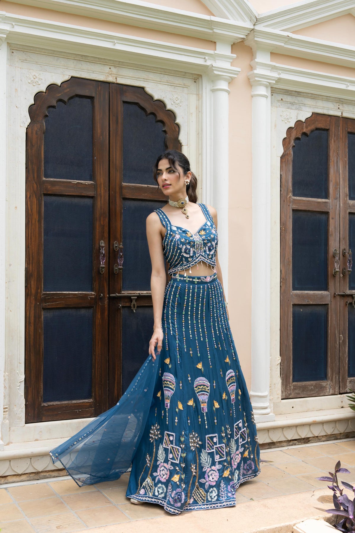 Peacock Blue Embellished Crepe Silk Skirt Set