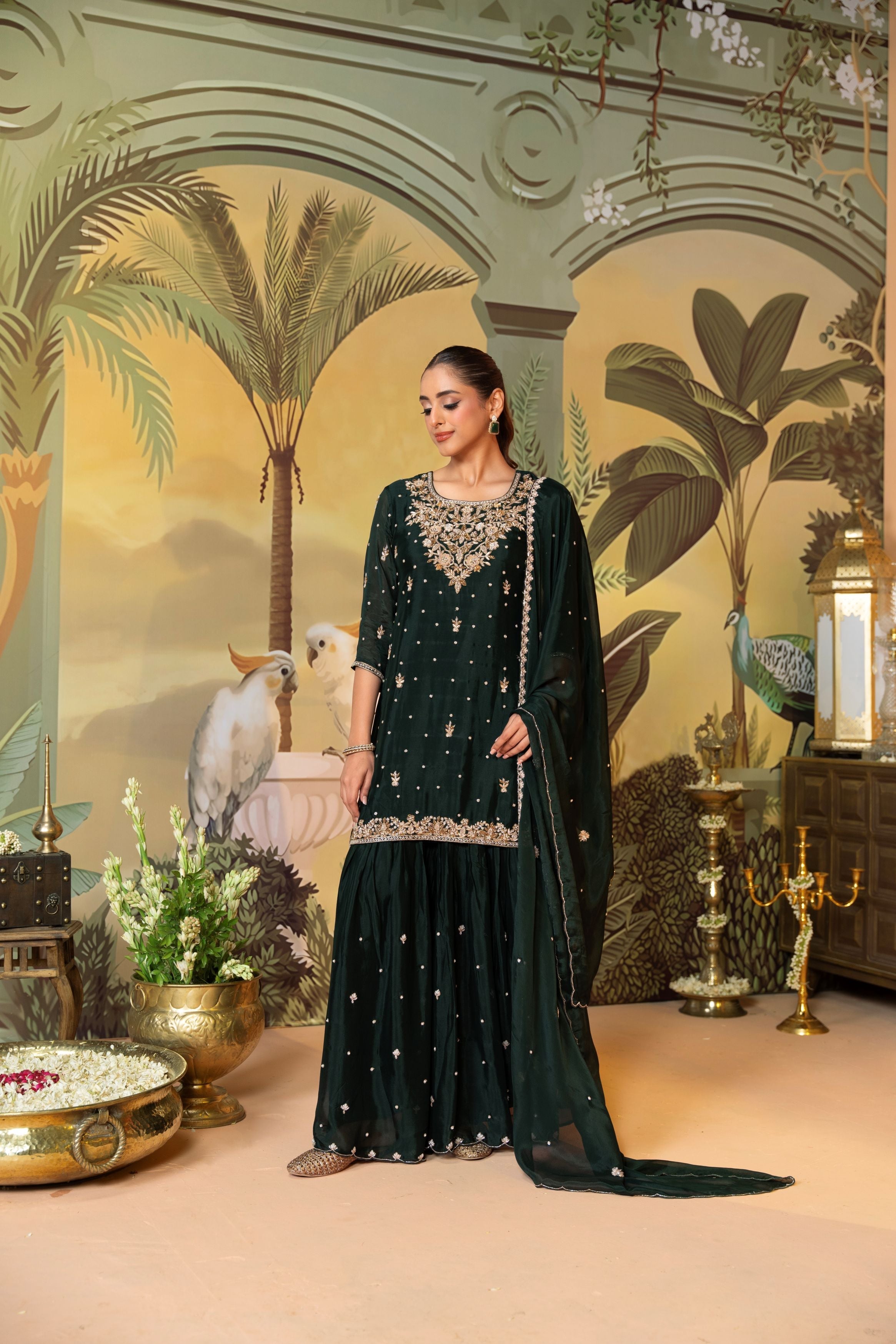Bottle Green Embellished Chinon Silk Sharara Set