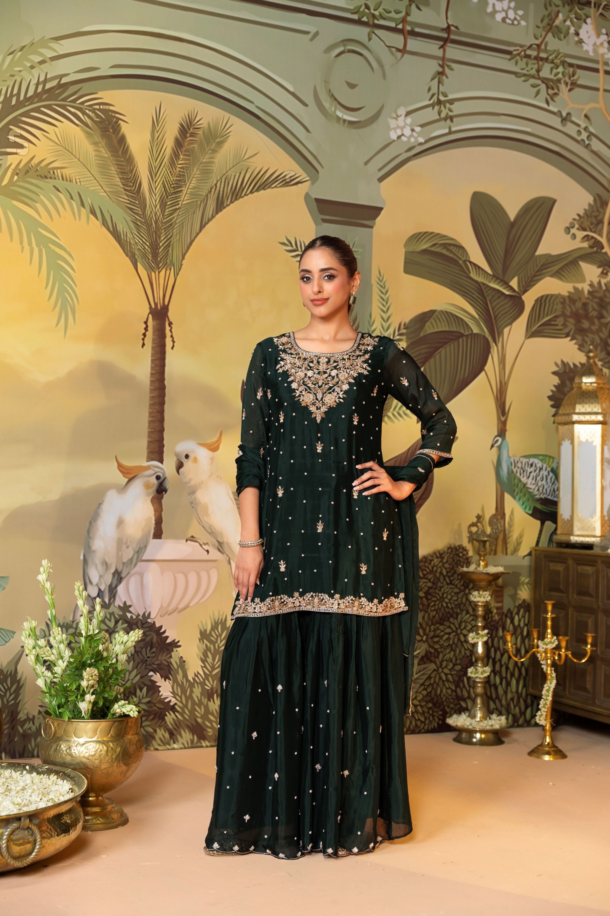 Bottle Green Embellished Chinon Silk Sharara Set