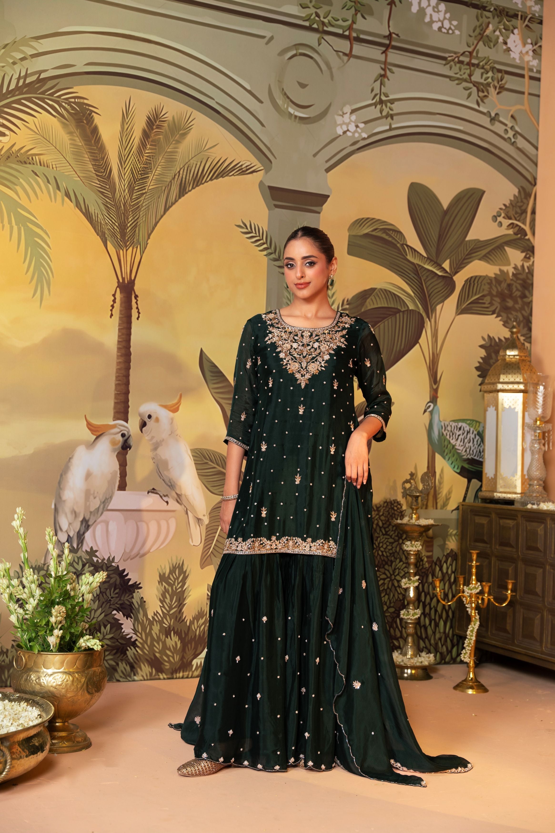 Bottle Green Embellished Chinon Silk Sharara Set