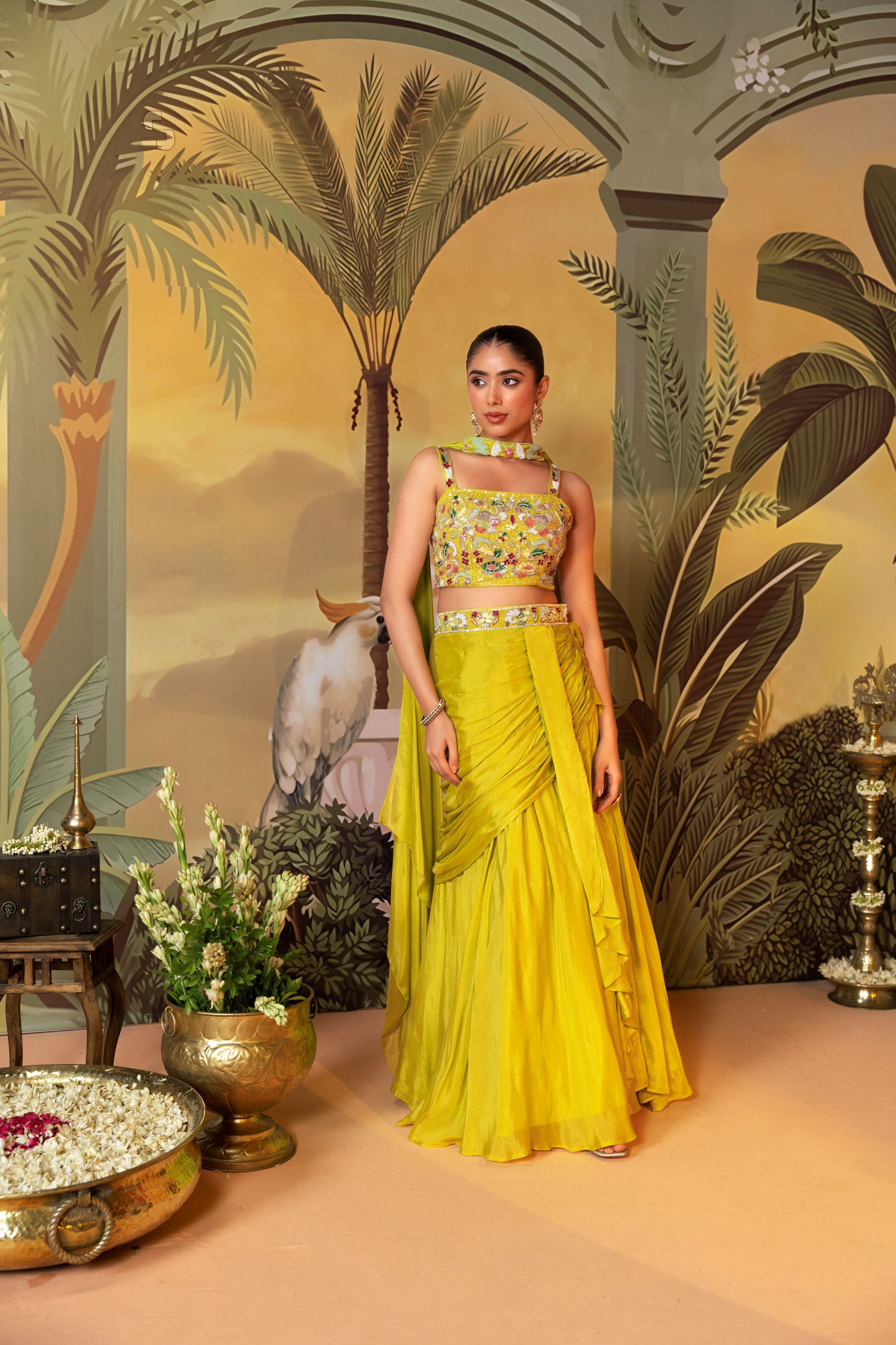 Lime Green Embellished Chinon Silk Skirt Set