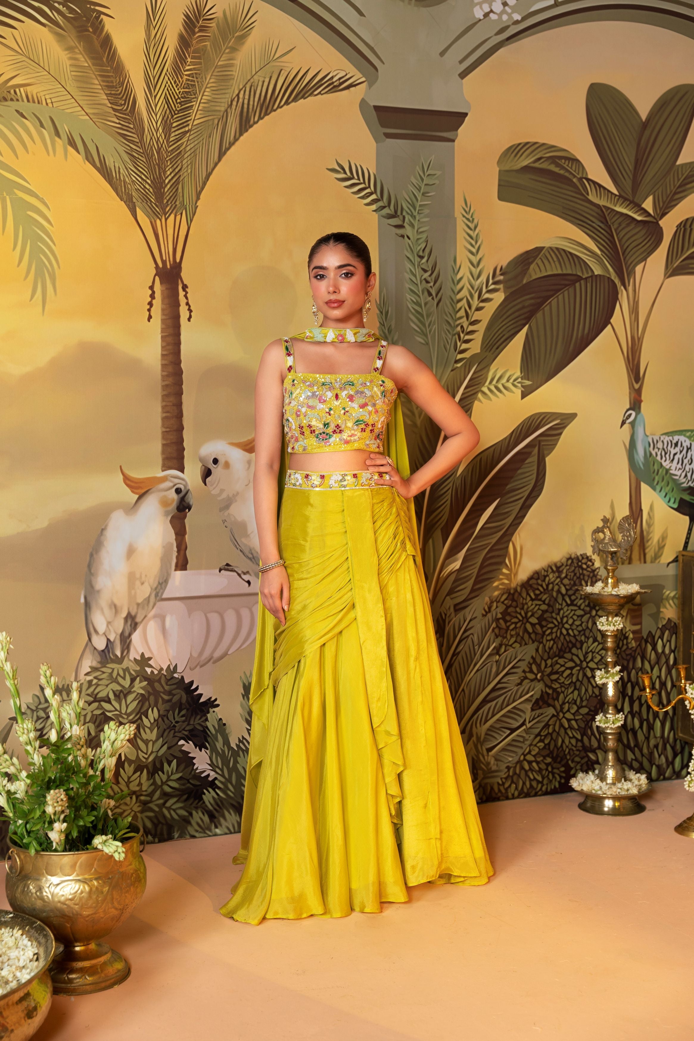 Lime Green Embellished Chinon Silk Skirt Set