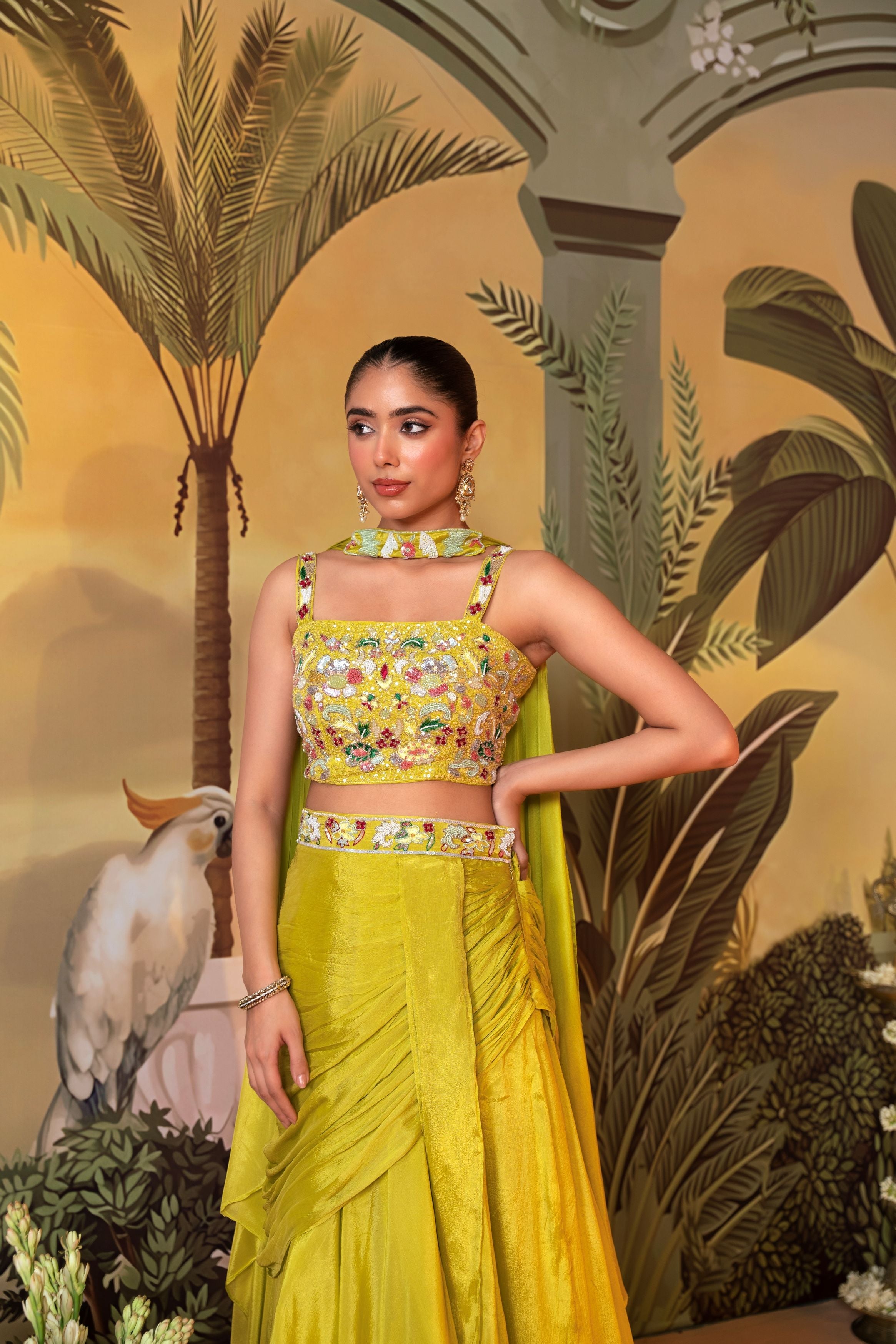 Lime Green Embellished Chinon Silk Skirt Set