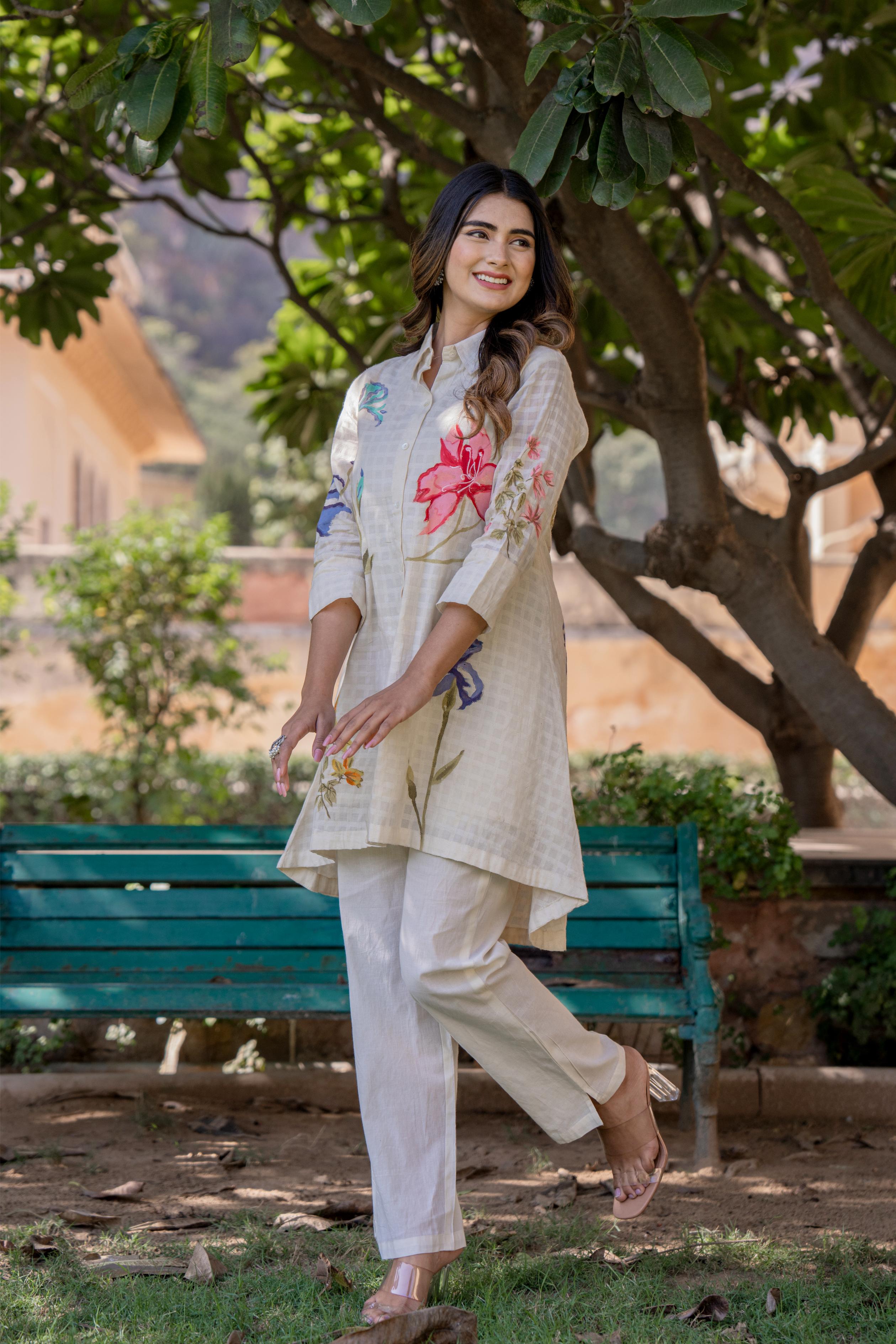 White Floral Printed Cotton Linen Silk Co-Ord Set