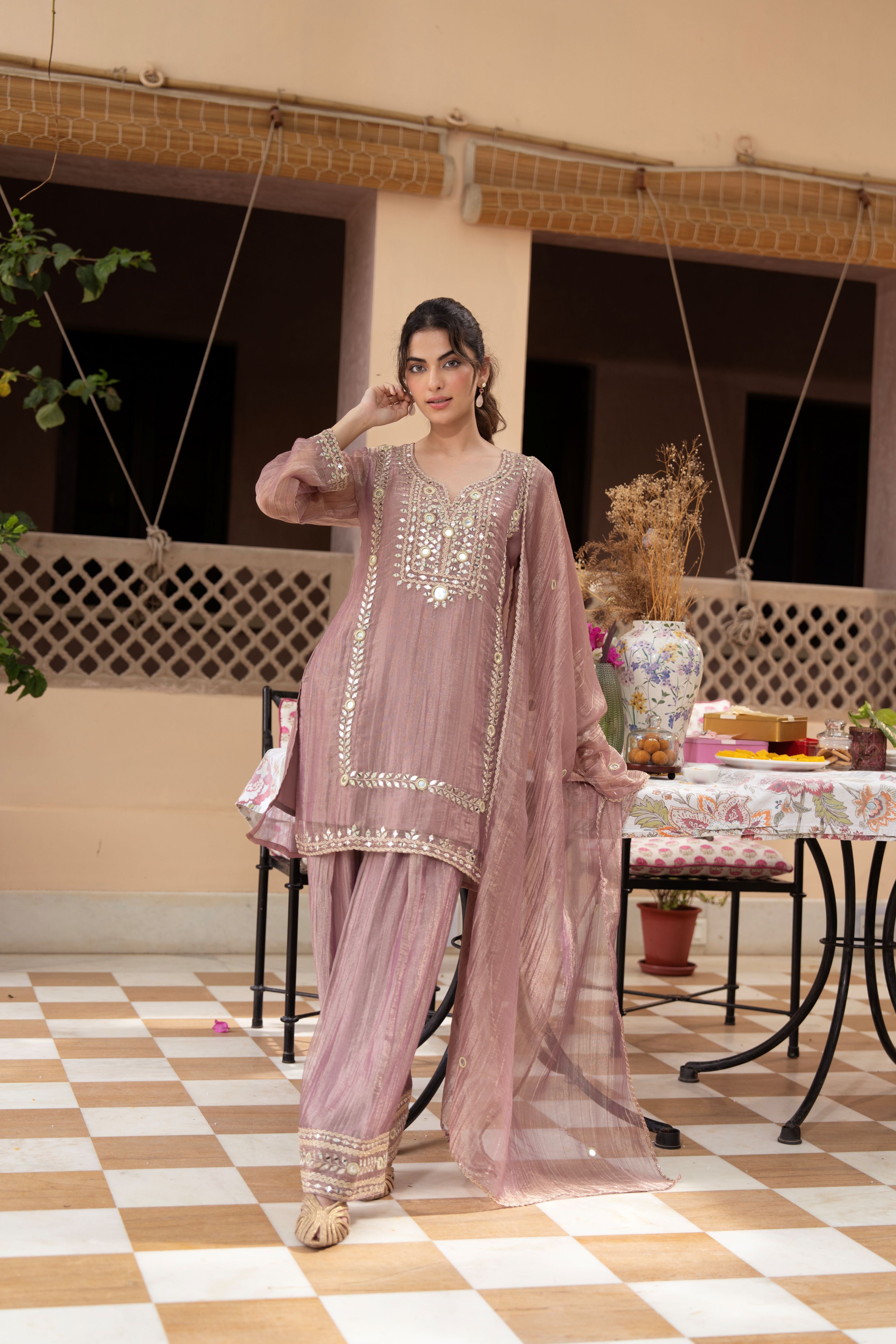 Majestic Mauve Embellished Shimmer Tissue Farsi Set