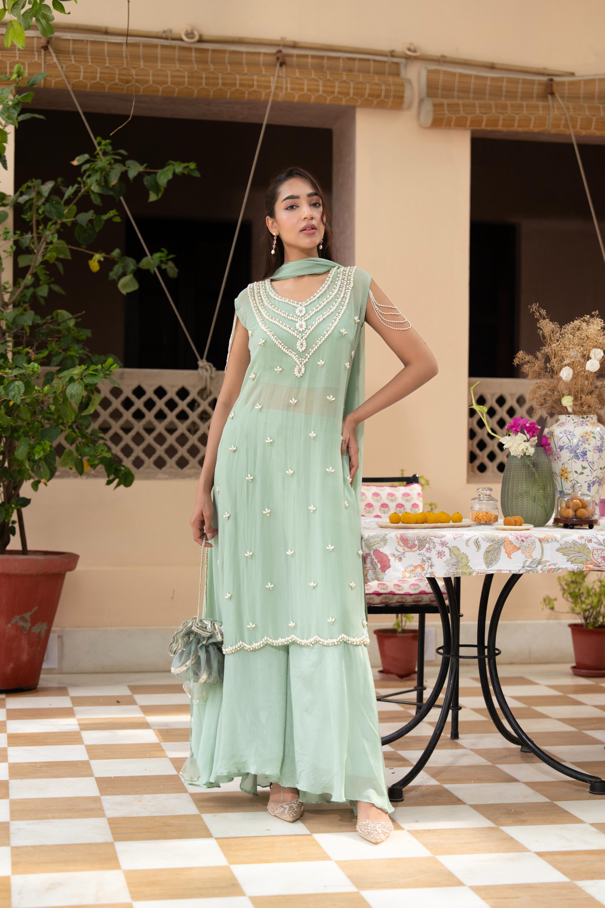 Mint Green Embellished Tissue Silk Palazzo Set