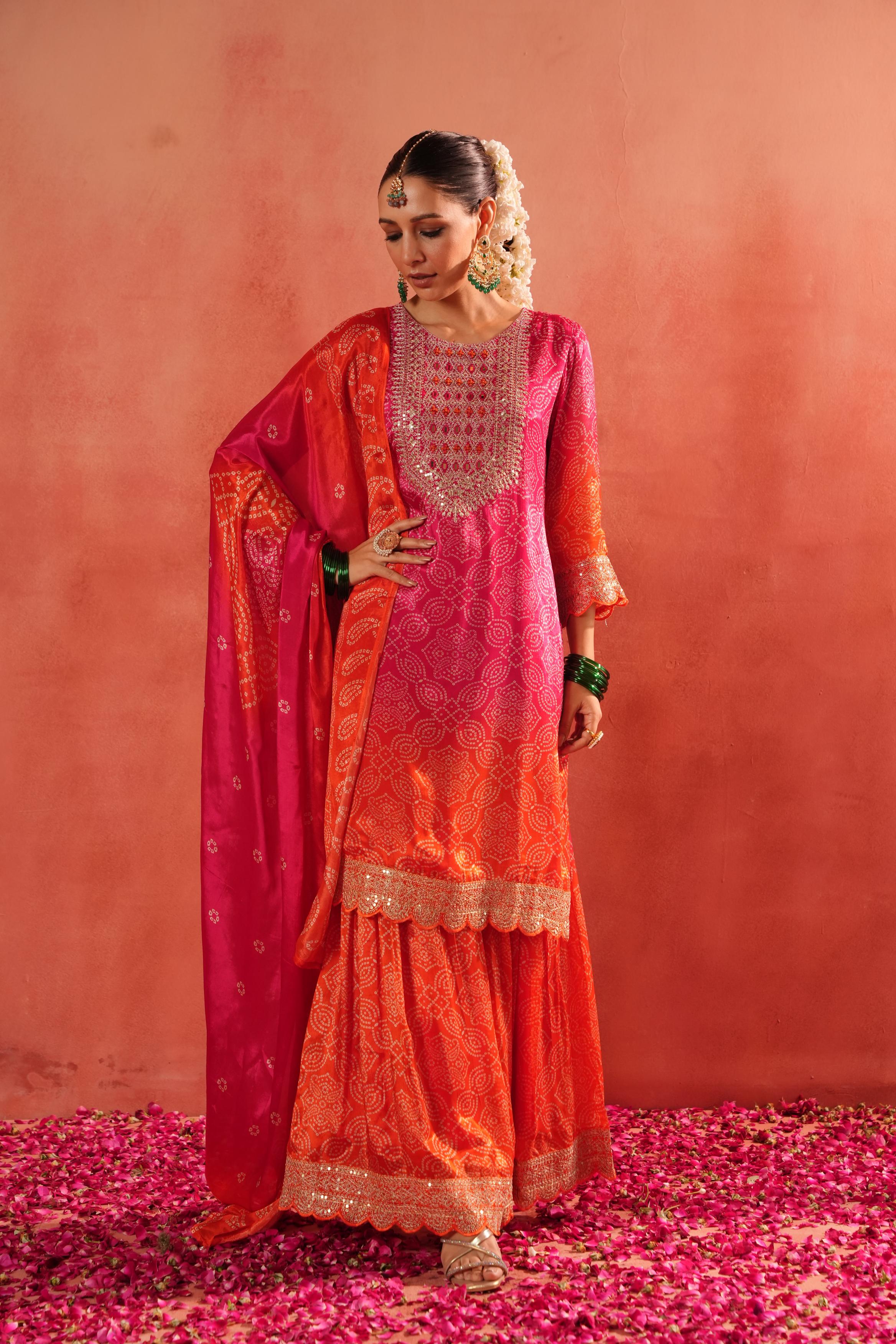 Pink Bandhej Ombre Dyed German Silk Sharara Set