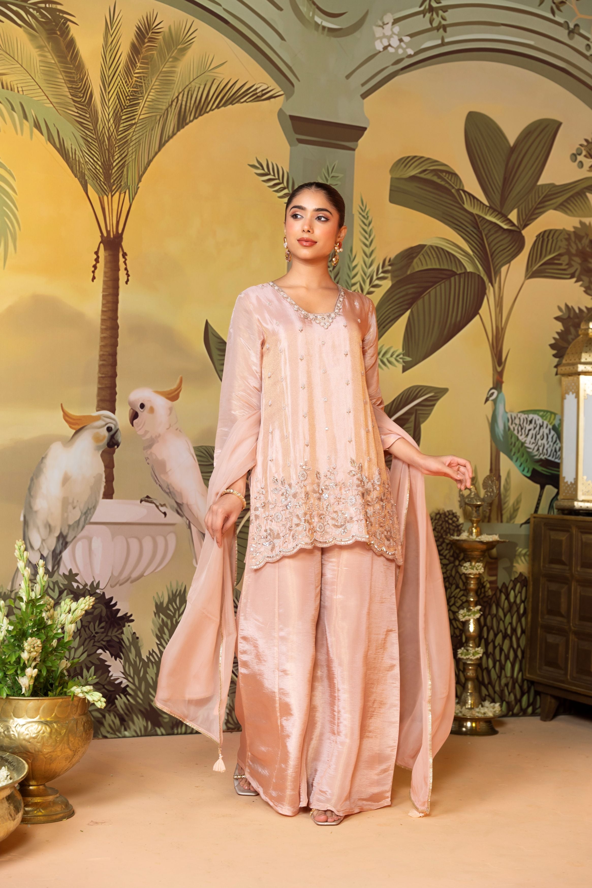 Peach Pink Embellished Shimmer Tissue Silk Palazzo Set