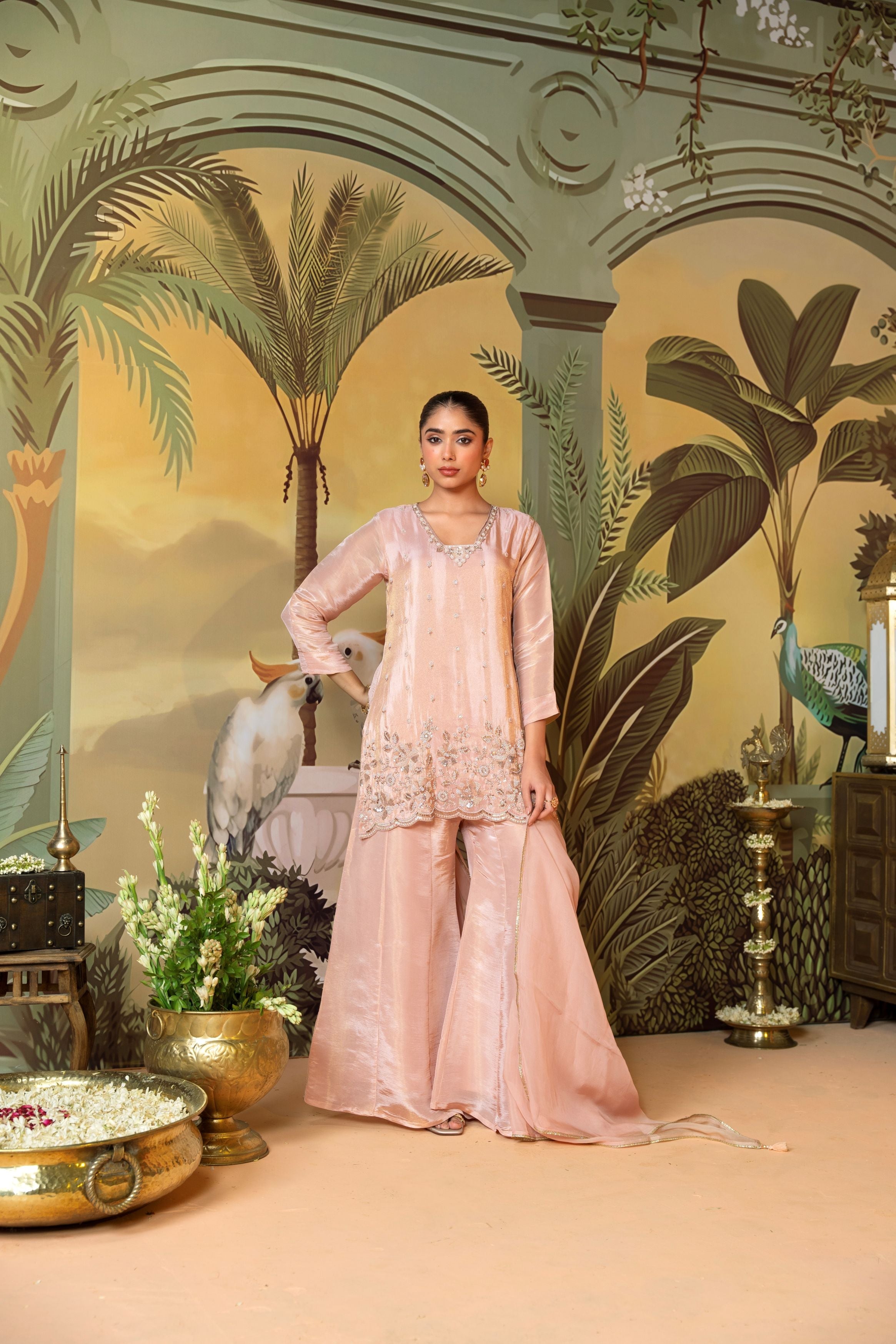 Peach Pink Embellished Shimmer Tissue Silk Palazzo Set
