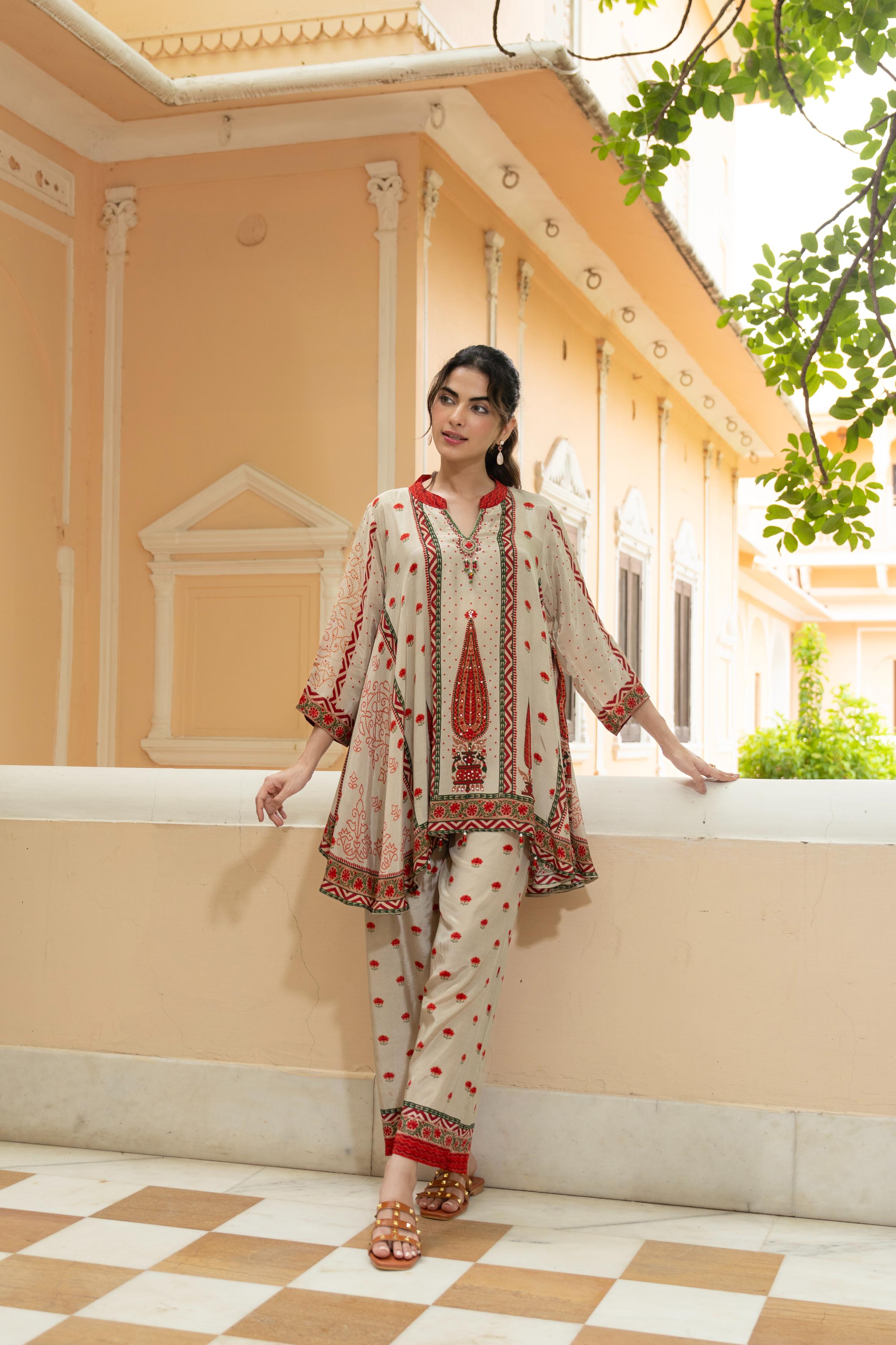 Natural Beige Printed Crepe Silk Co-ord Set