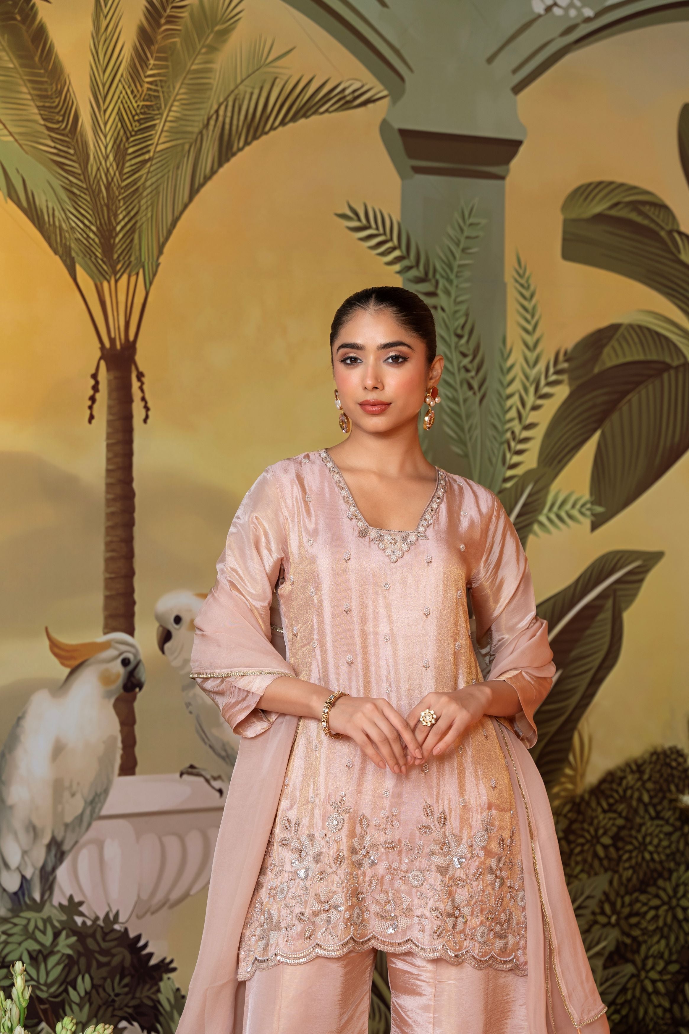 Peach Pink Embellished Shimmer Tissue Silk Palazzo Set