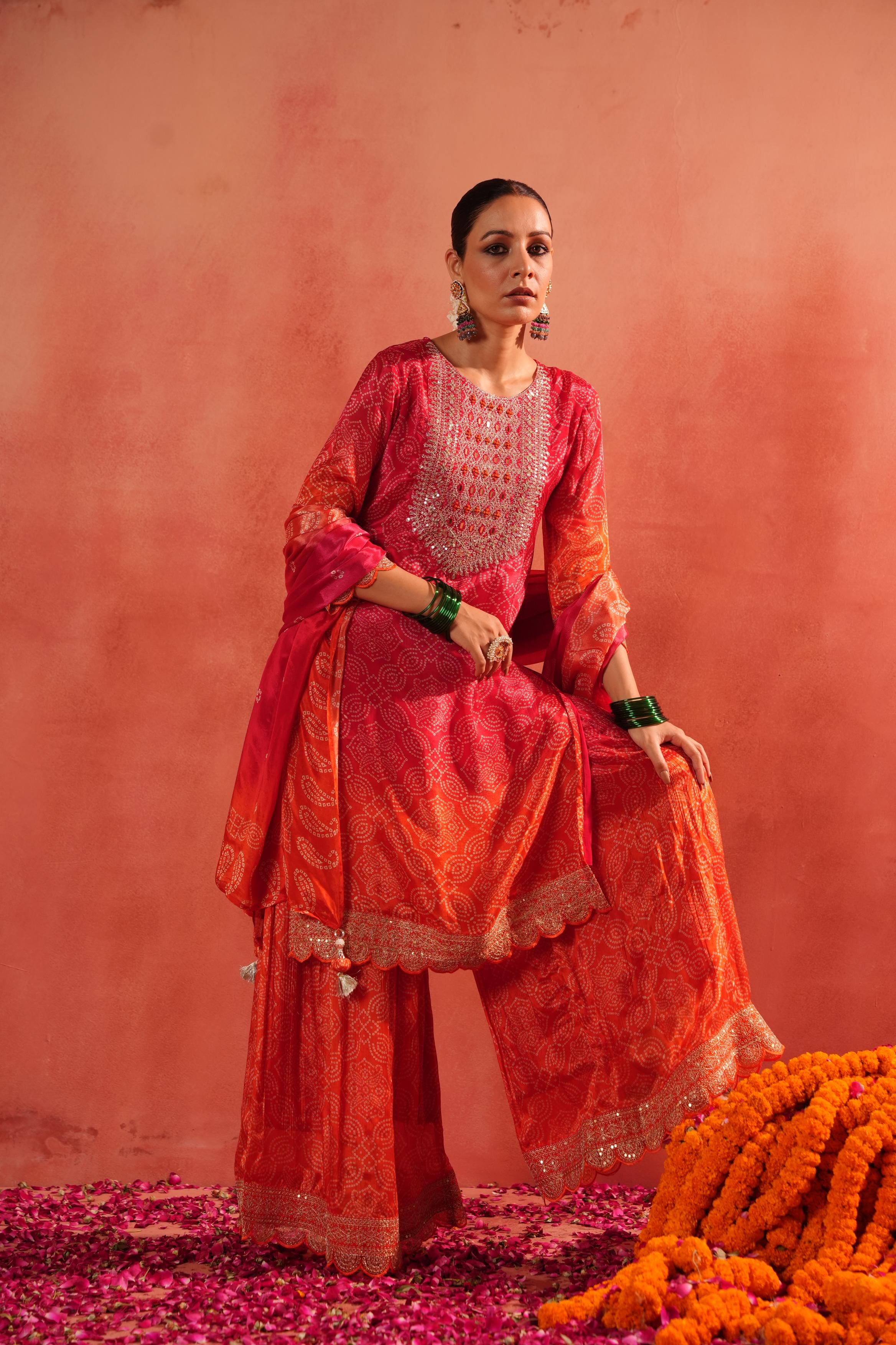 Red Bandhej Ombre Dyed Chinon Silk Sharara Set