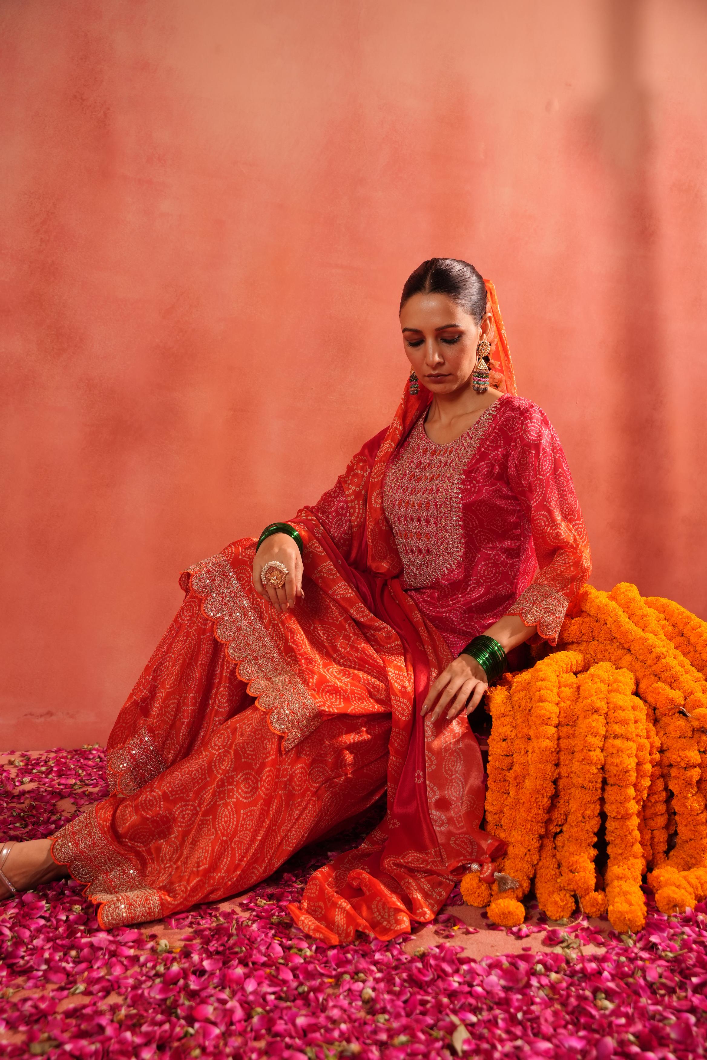 Red Bandhej Ombre Dyed Chinon Silk Sharara Set