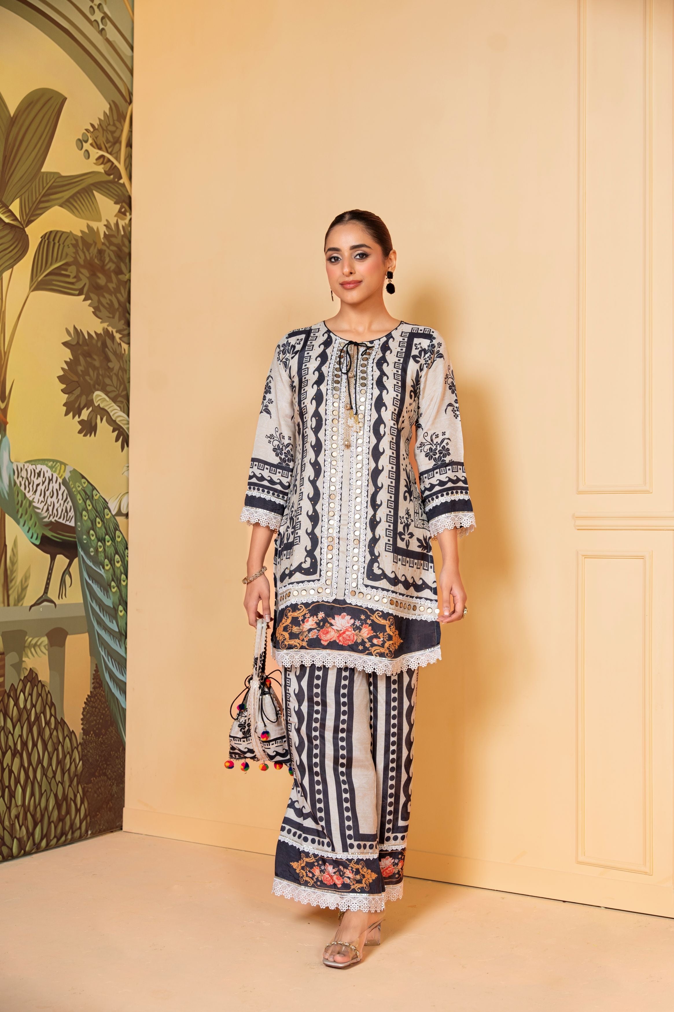 Black And White Printed Muslin Silk Co-Ord Set